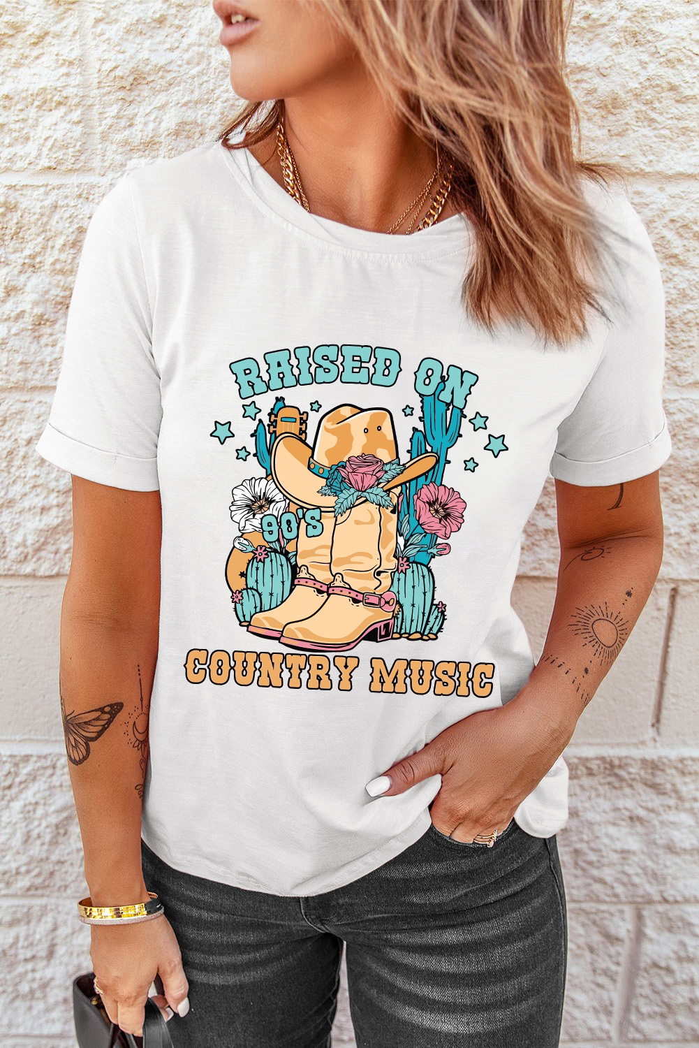 White RAISED ON COUNTRY MUSIC Western Graphic Tee