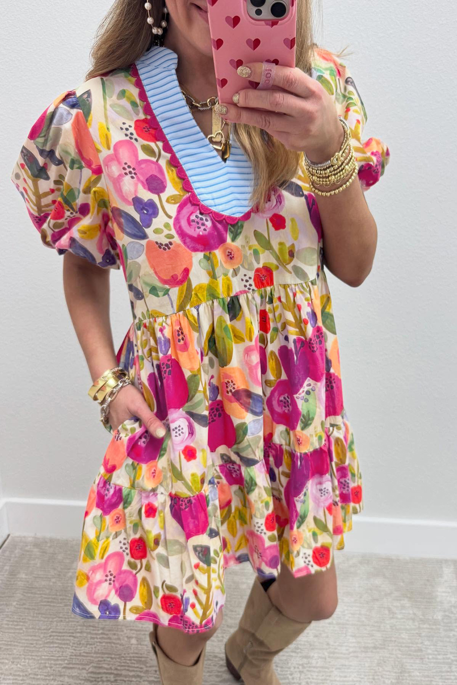 Rose Bright Floral Print Ricrac Trim Striped Patchwork V Neck Dress