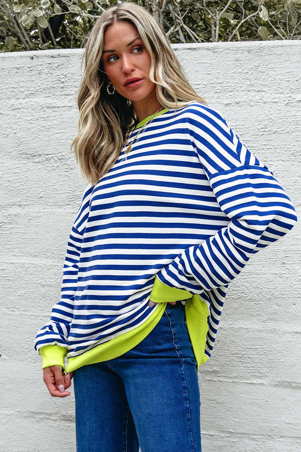 Red Stripe Contrast Ribbed Trim Crossed Stitch Drop Shoulder Sweatshirt