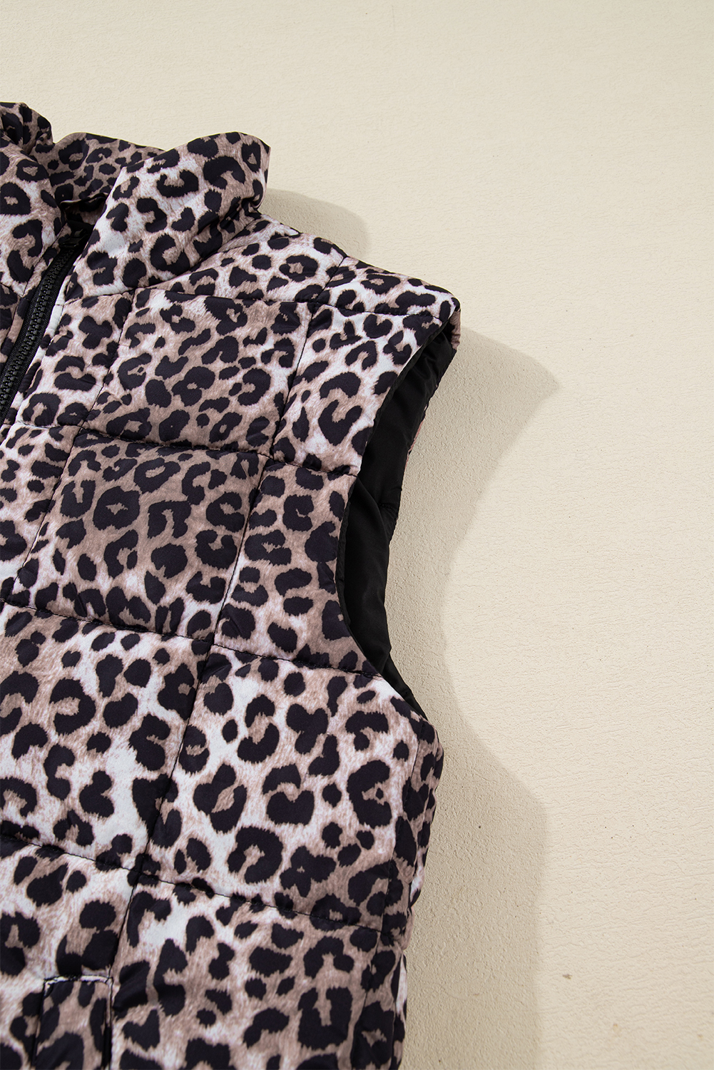 Brown Leopard Quilted Full Zipper Casual Puff Vest