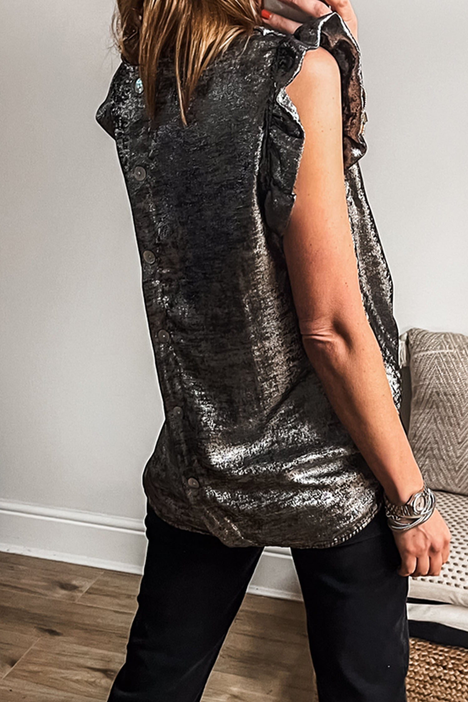 Apricot Metallic Round Neck Smocked Long Sleeve Blouse