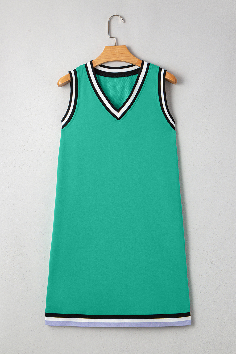 Mint Green Varsity Contrast Striped V Neck Long Sleeve T Shirt Dress with Pockets