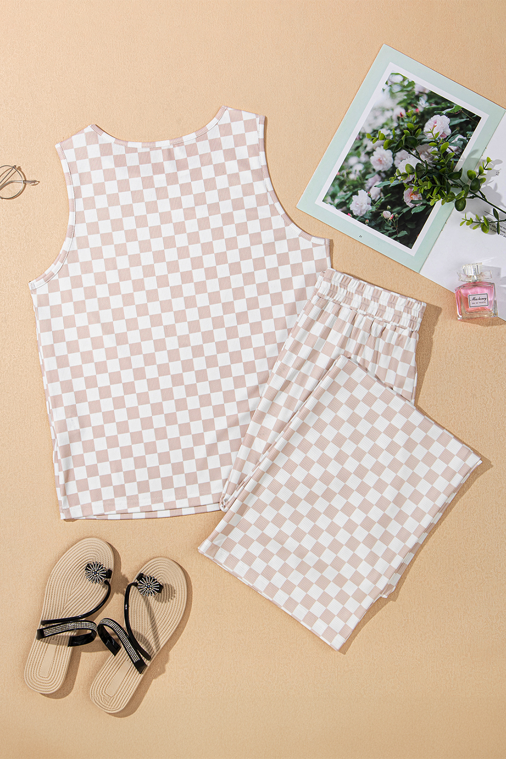 White Ribbed Texture Checkered Print 2pcs Tank and Pants Set