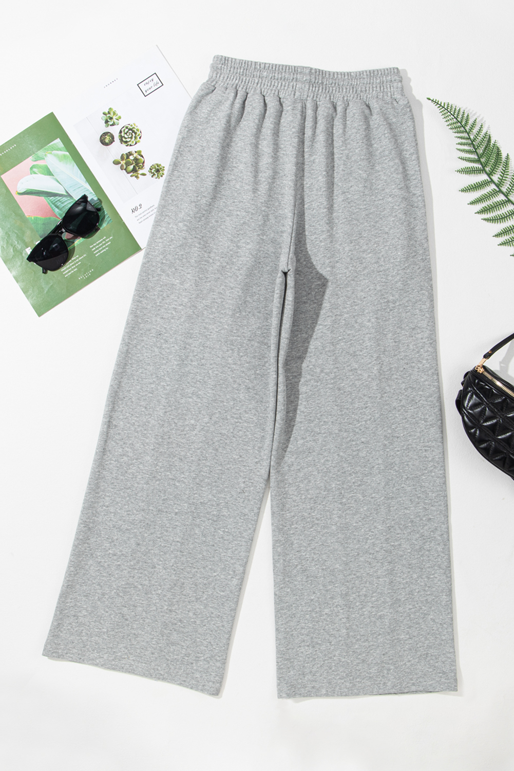 Black Seamed Drawstring High Waist Wide Leg Sweatpants