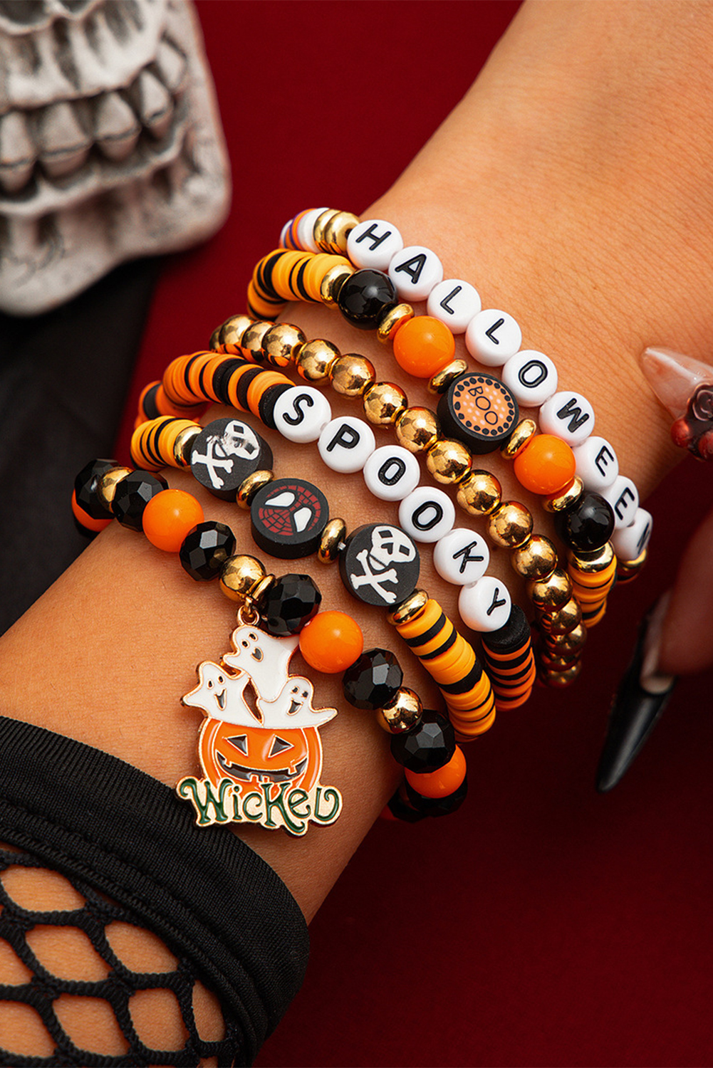 Carrot 6pcs Layered Halloween Pumpkin Ghost Spider Man Charm Stretch Bracelet Set