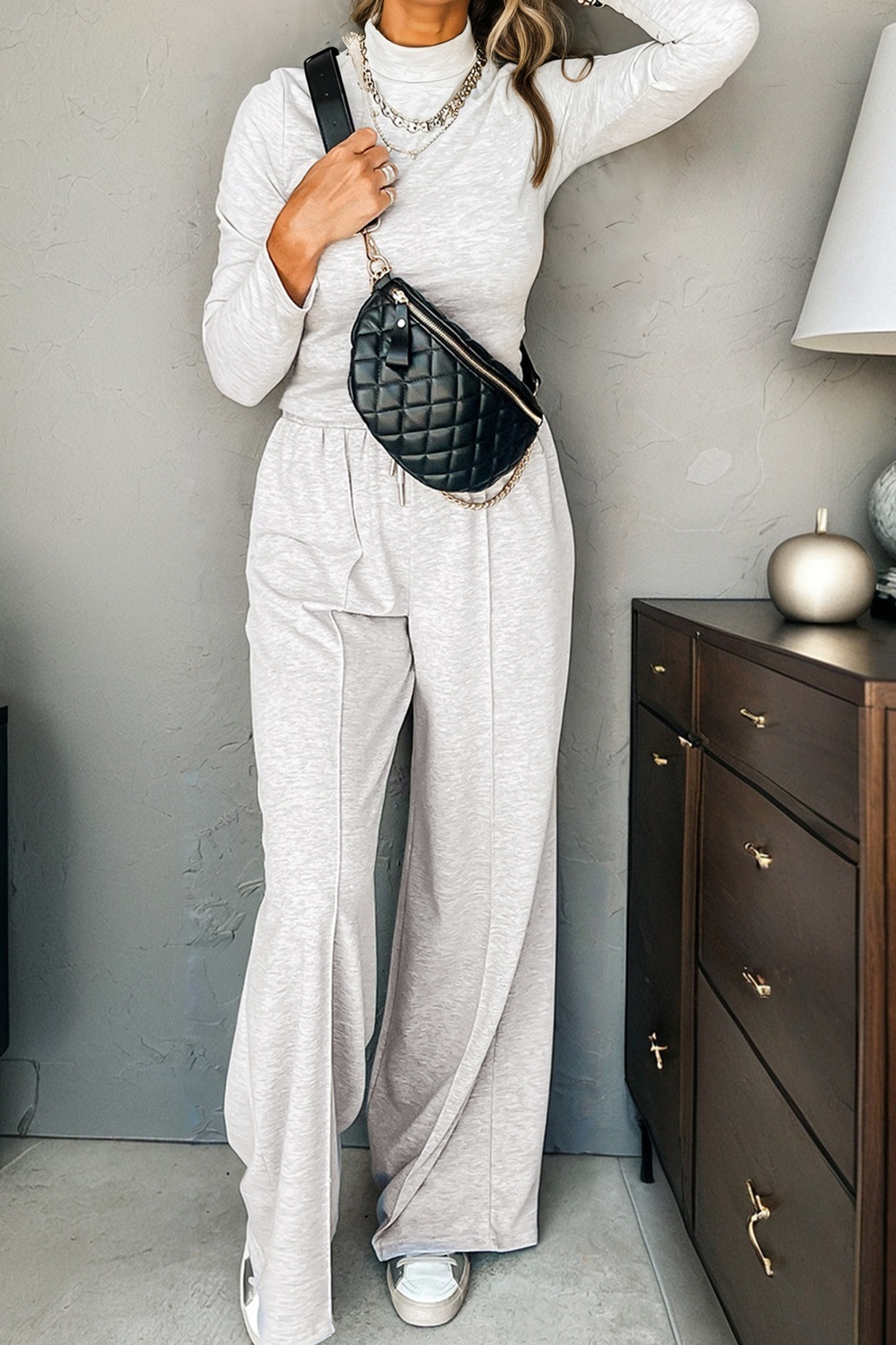 Light Grey Long Sleeve High Neck Slim Top Smocked Waist Central Seam Pants Set