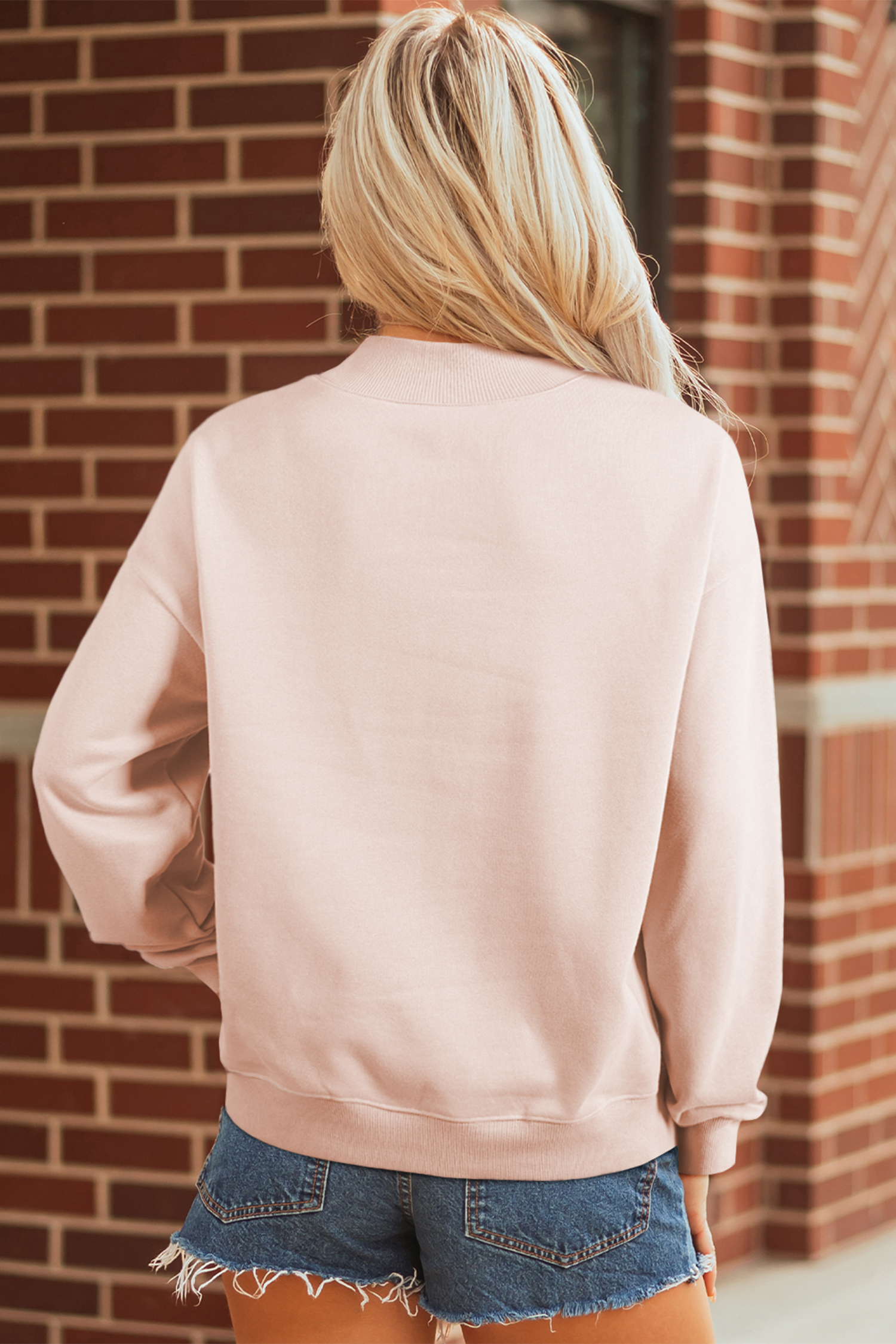 Apricot Pink Cowgirl Element Embroidered Detail Mock Neck Sweatshirt