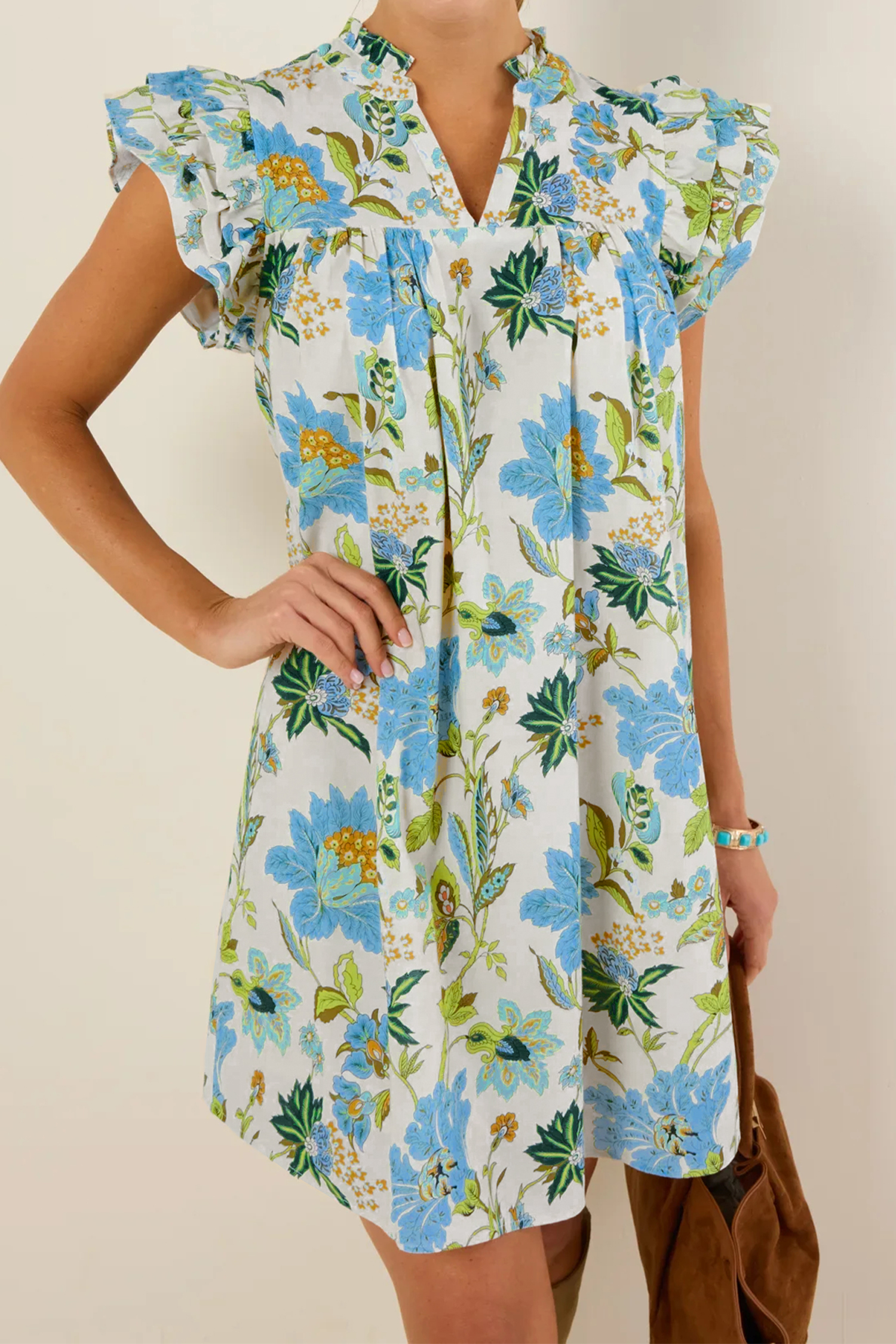 Beige Floral Print V Neck Triple Ruffle Short Sleeve Shift Mini Dress