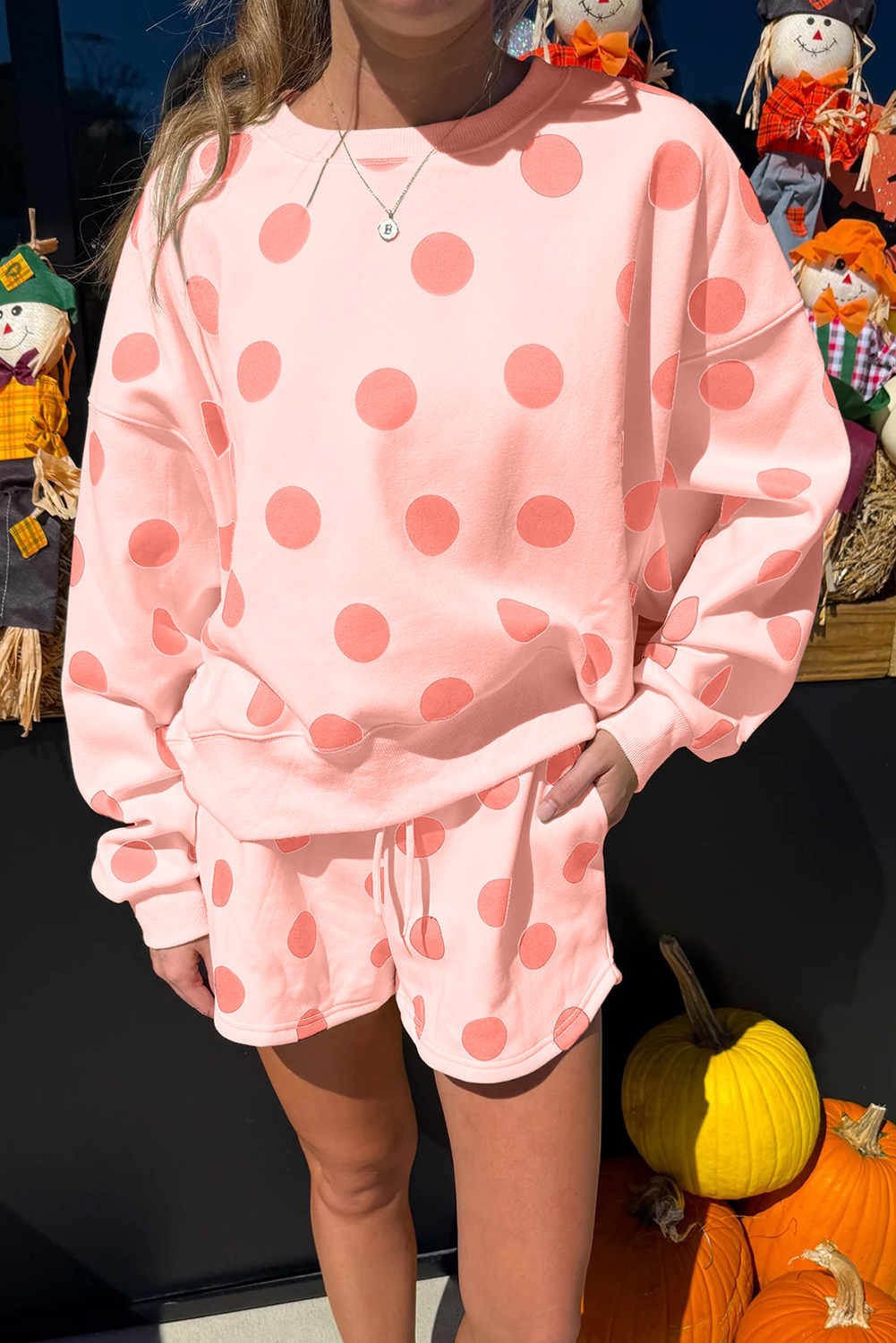Beige Polka Dot Print Drop Shoulder Pullover Drawstring Jogger Pant Set