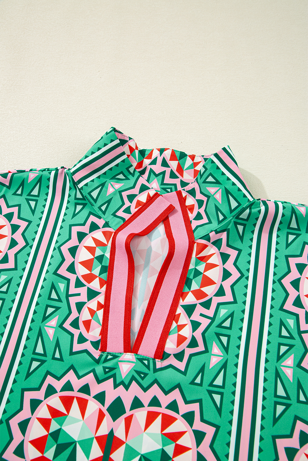 Sea Green Boho Abstract Print Contrast Striped Collared V Neck Blouse