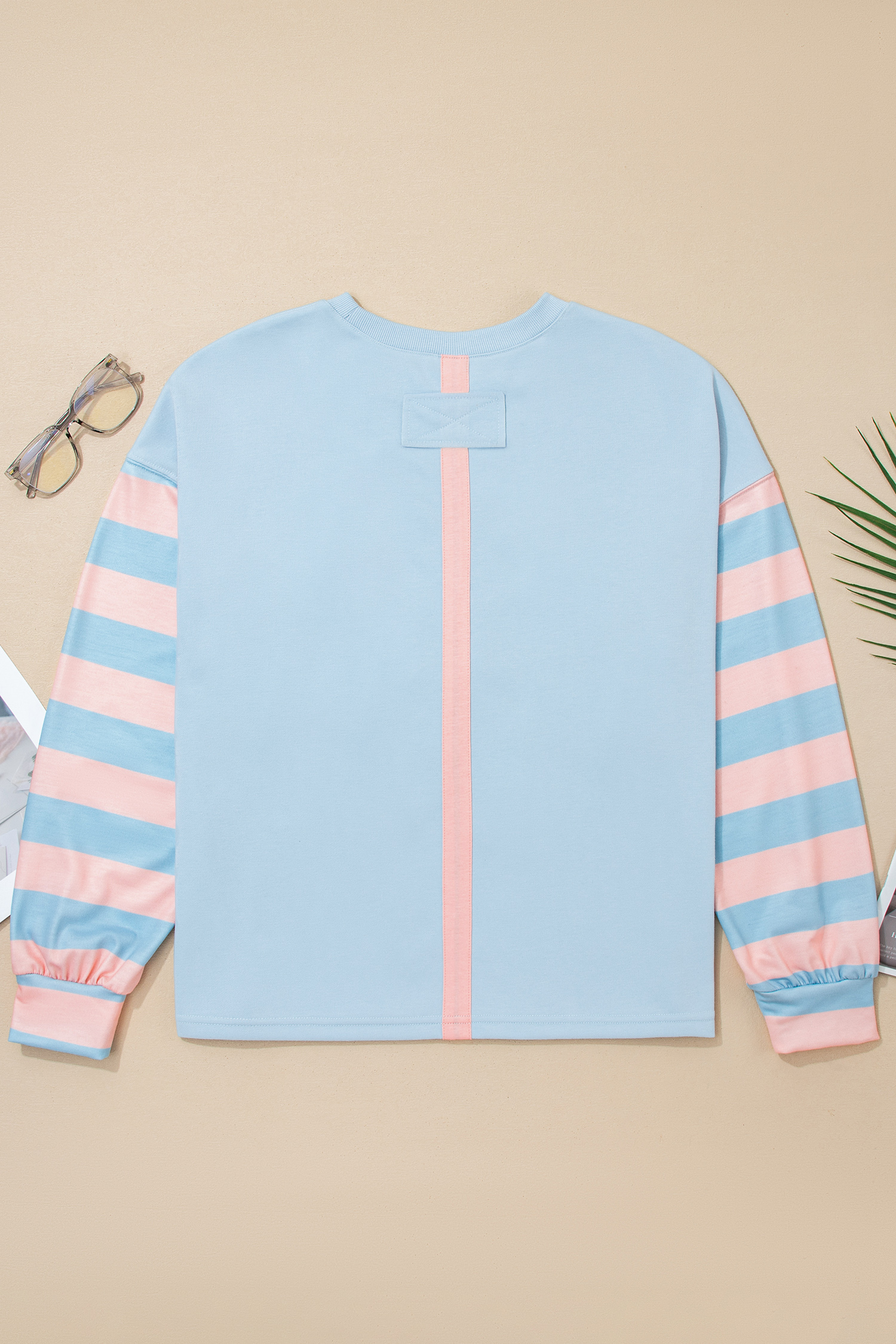 Beau Blue Big Flower Patch Drop Shoulder Striped Long Sleeve Top