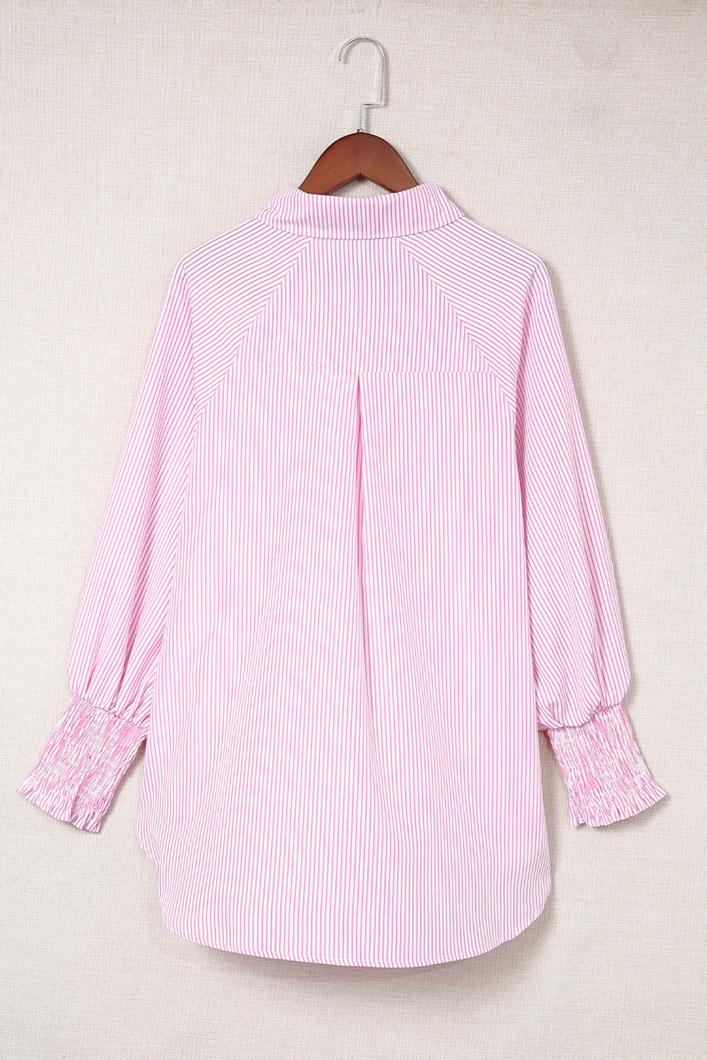 Red Stripe Smocked Cuffed Striped Boyfriend Shirt with Pocket
