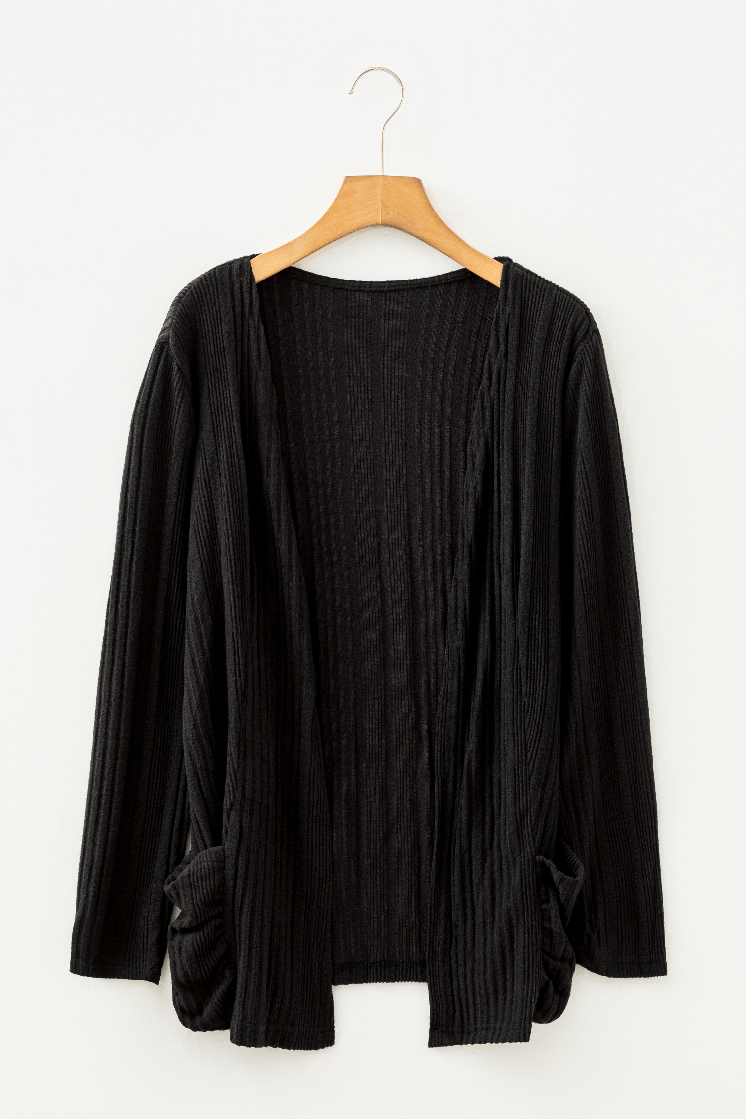 Stone Blue Ribbed Open Front Knitted Top with Pockets