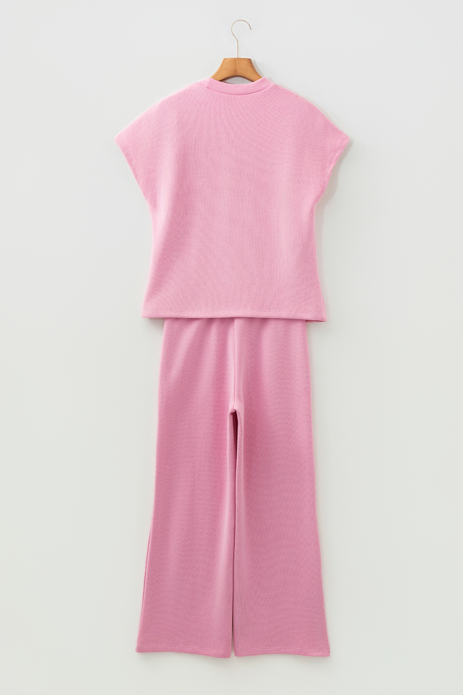 Pink Textured Knit High Neck Loose Tee Elastic Waist Loose Pant Set