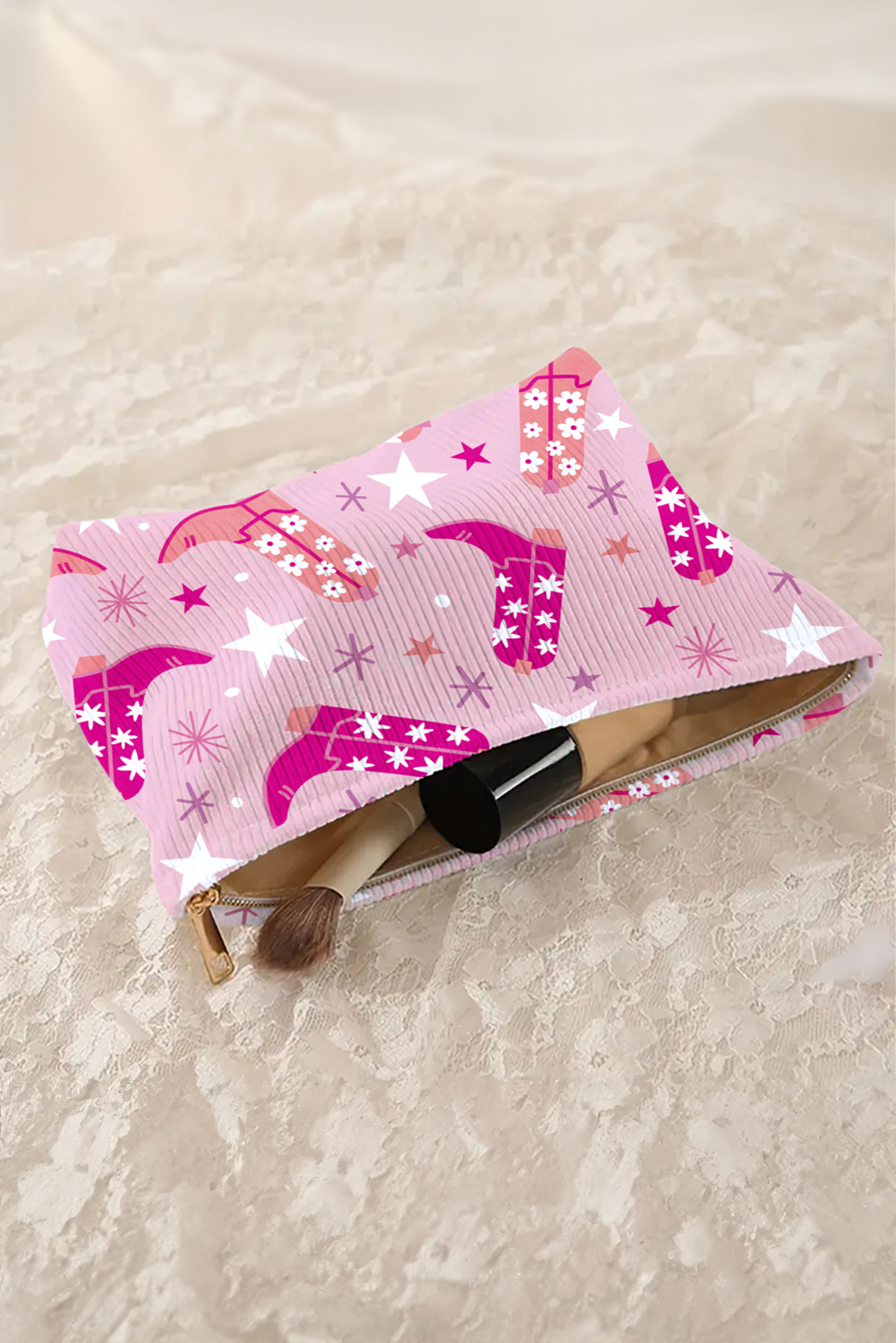 Pink Western Cowboy Boots Star Print Large Makeup Bag