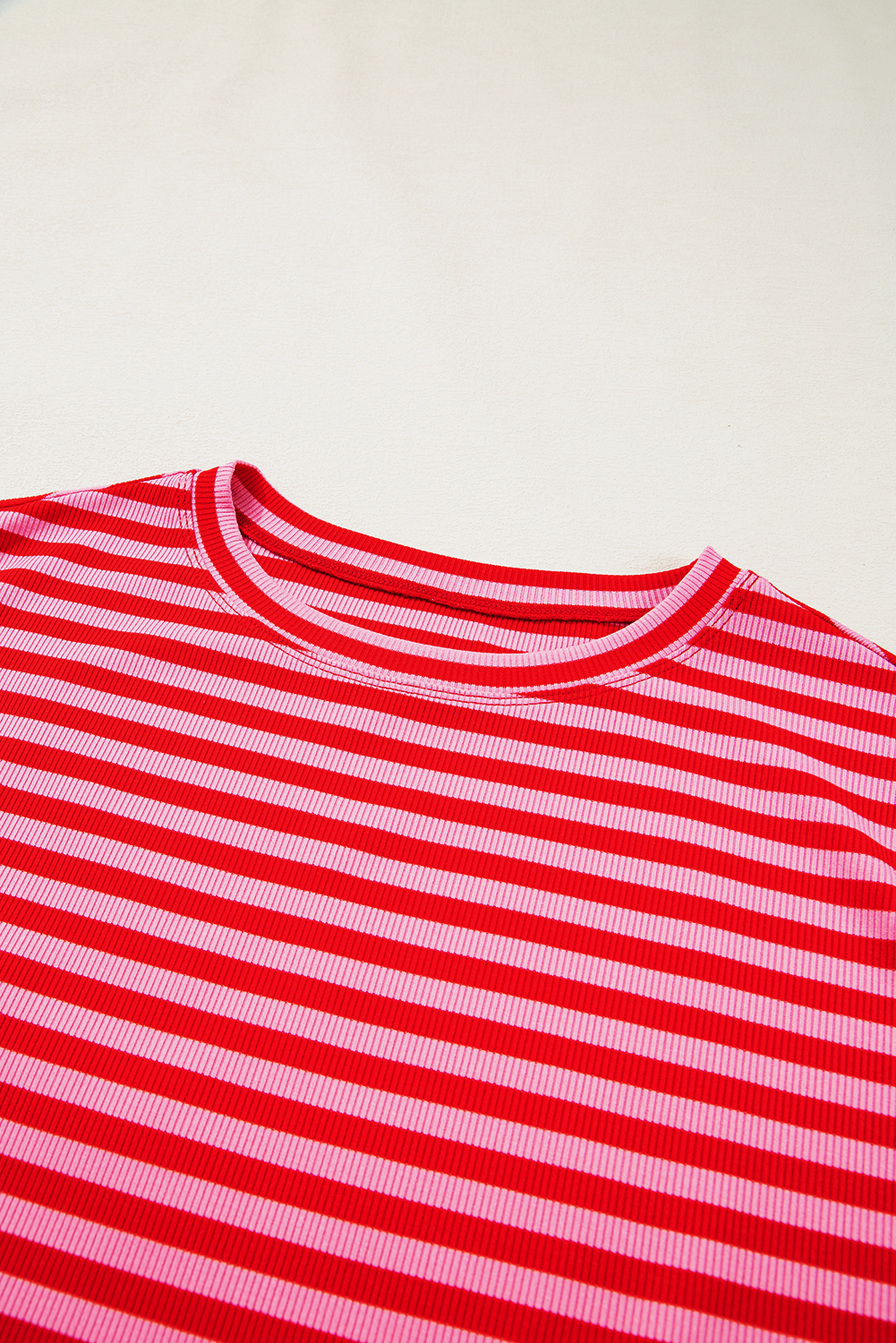 Sky Blue Stripe Ribbed Cap Sleeve Round Neck T Shirt