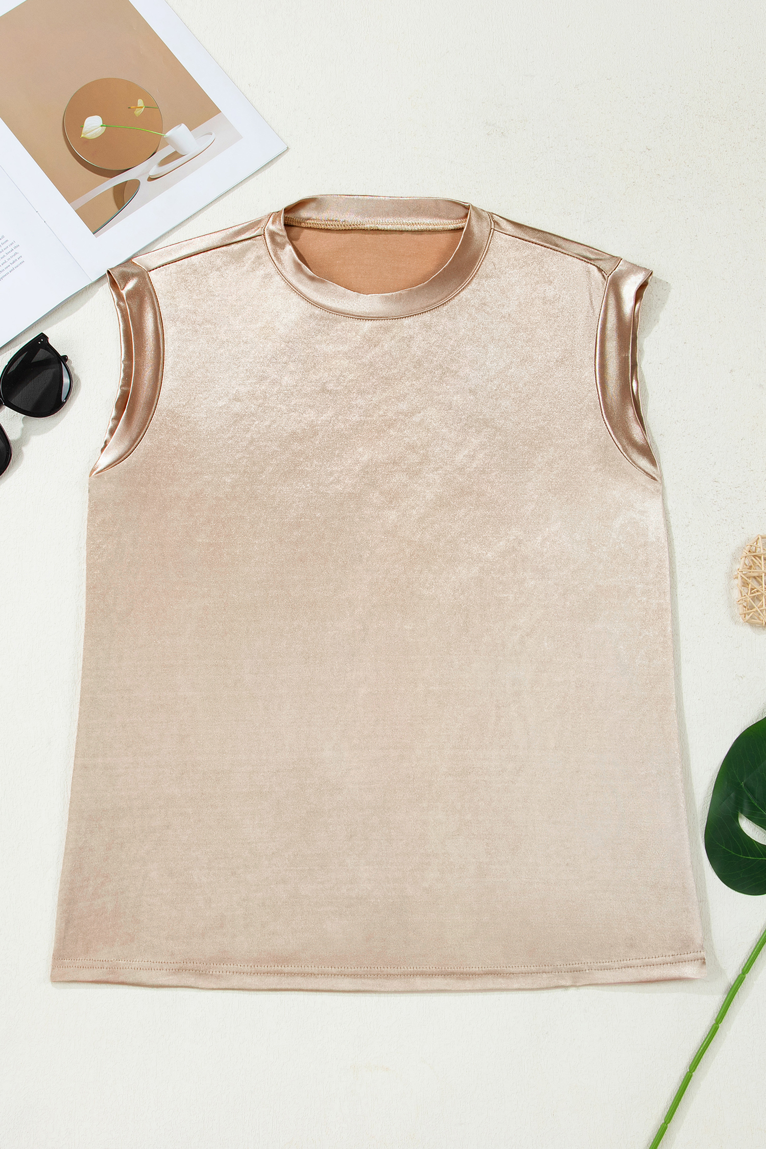 Apricot Metallic Round Neck Smocked Long Sleeve Blouse