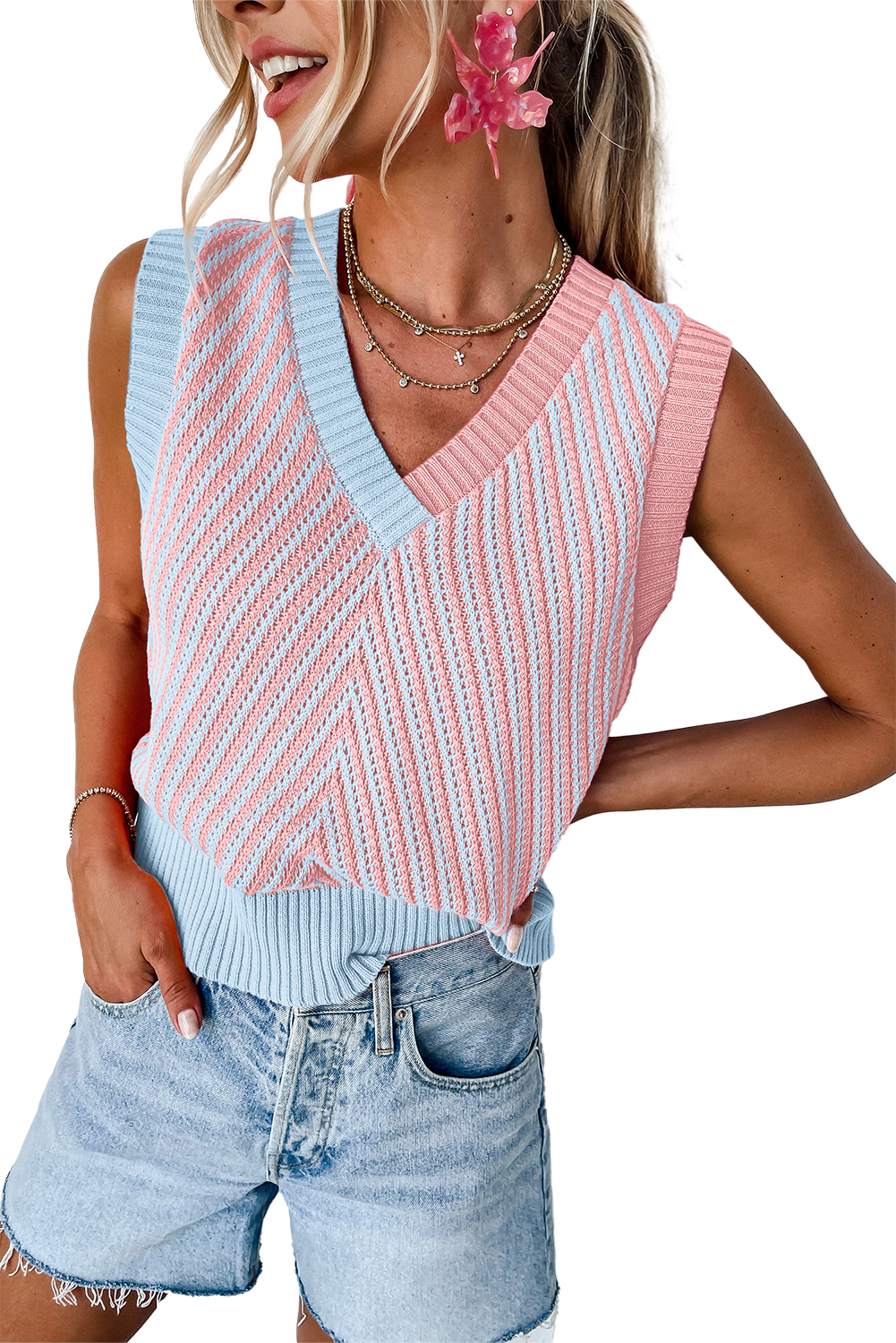 Black Contrast Chevron Knit V Neck Sweater Vest