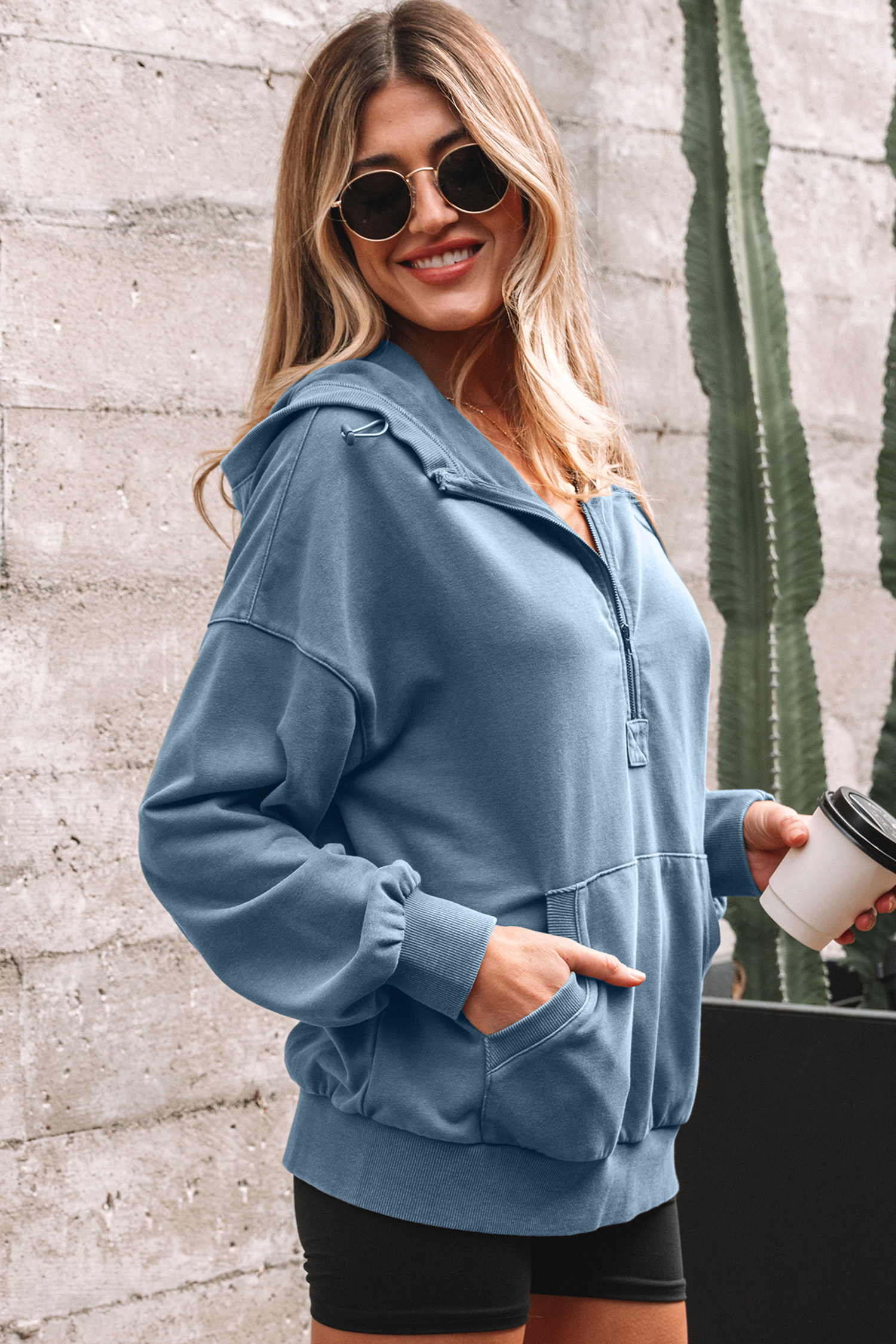 Canton Half Zip Kangaroo Pocket Mineral Wash Baggy Hoodie