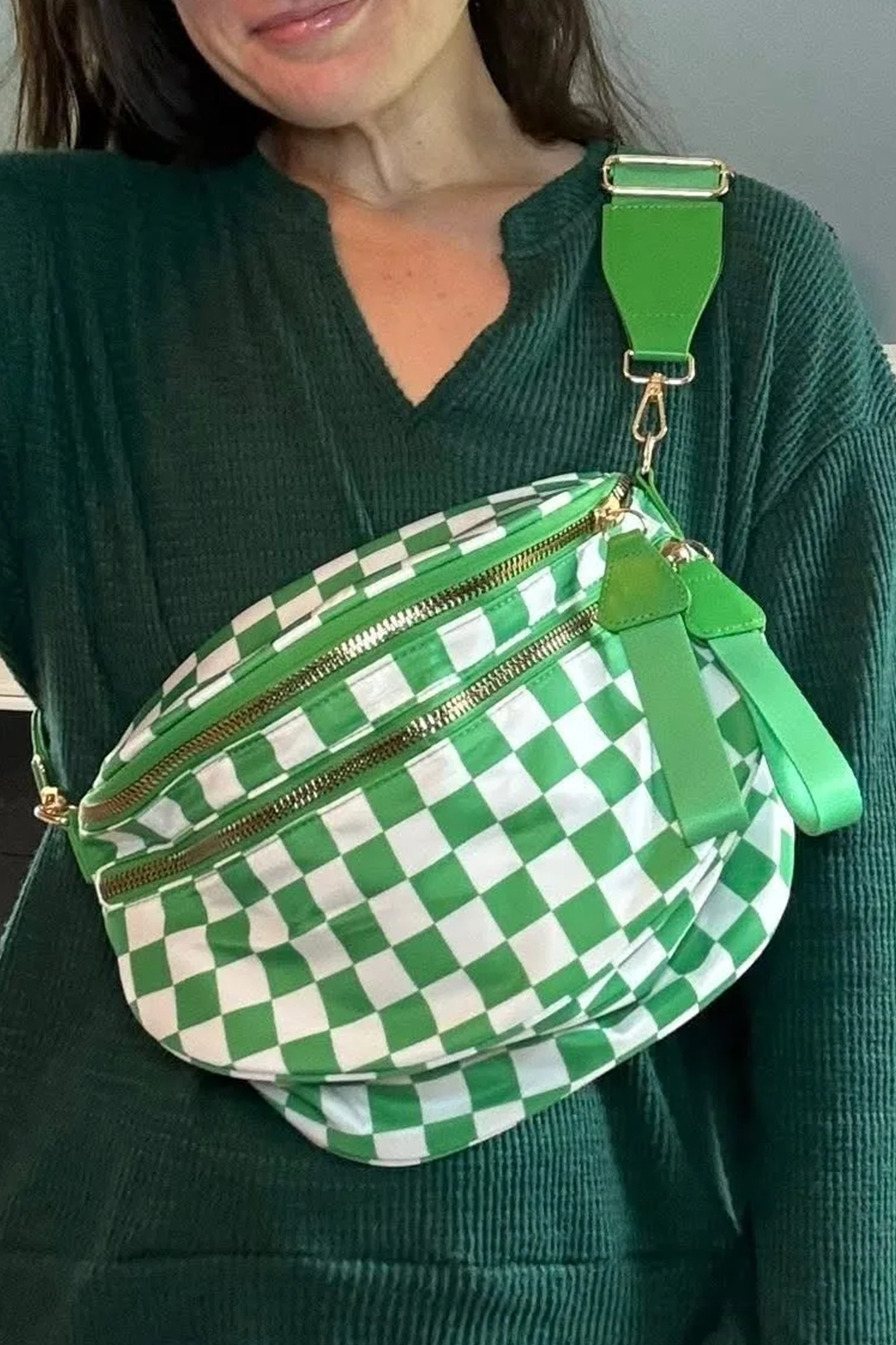 Jungle Green Double Zip Crescent Shape Adjustable Sling Bag