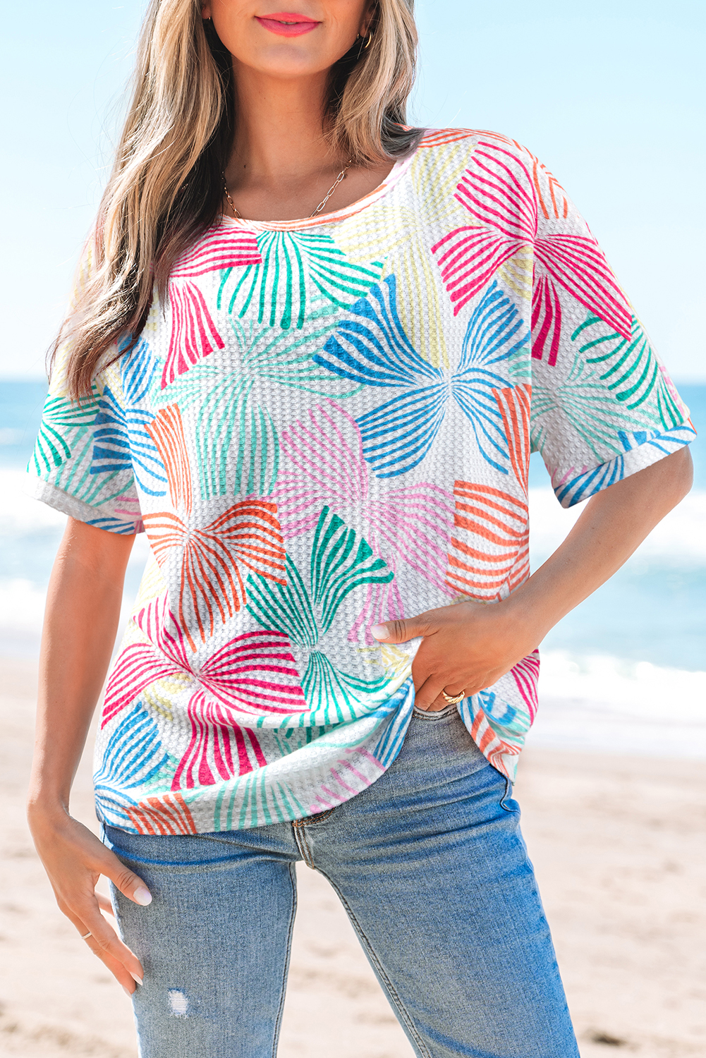 Multicolour Bowknot Printed Waffle Crewneck Loose Short Sleeve Top