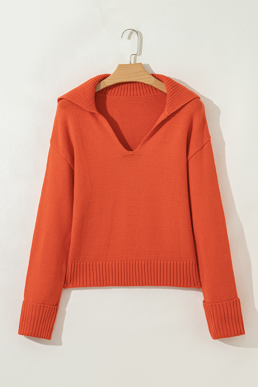 Racing Red Collared V Neck Ribbed Edge Sexy Elegant Sweater