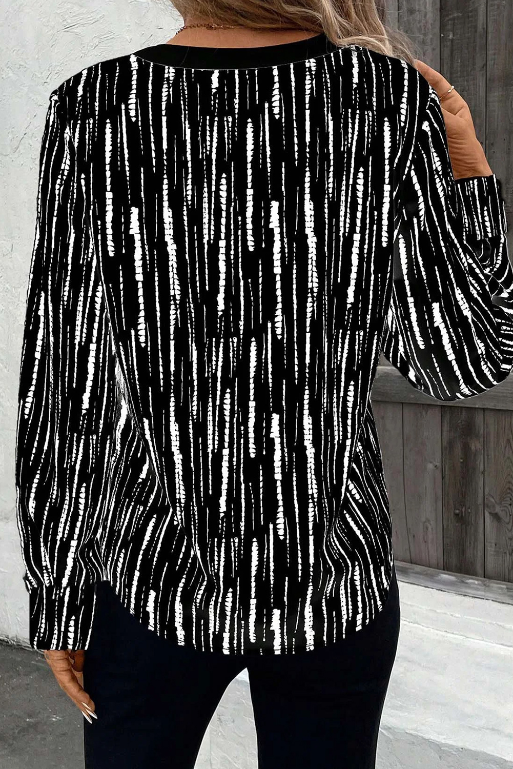 White Abstract Printed V Neck Fall Blouse