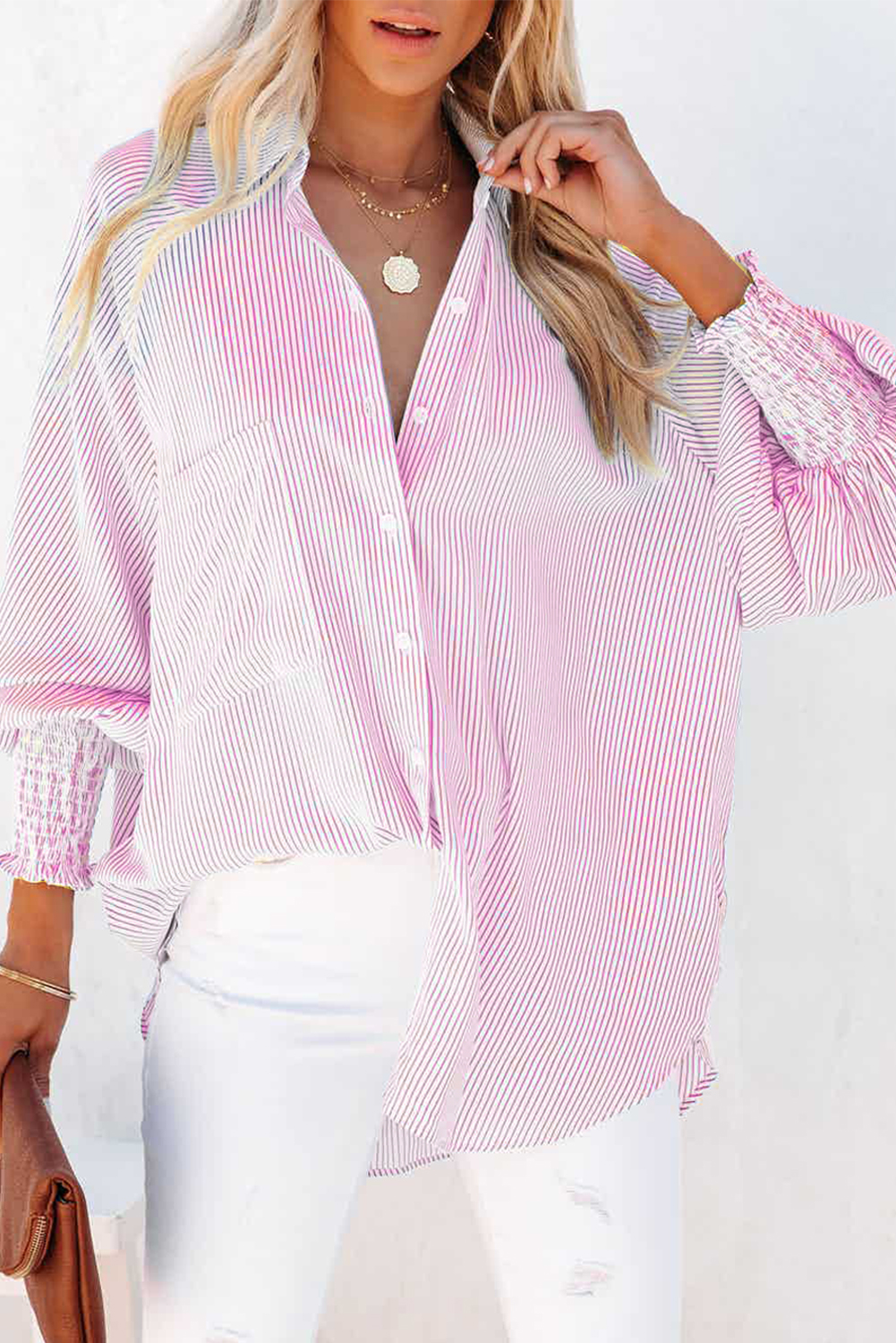 Red Stripe Smocked Cuffed Striped Boyfriend Shirt with Pocket