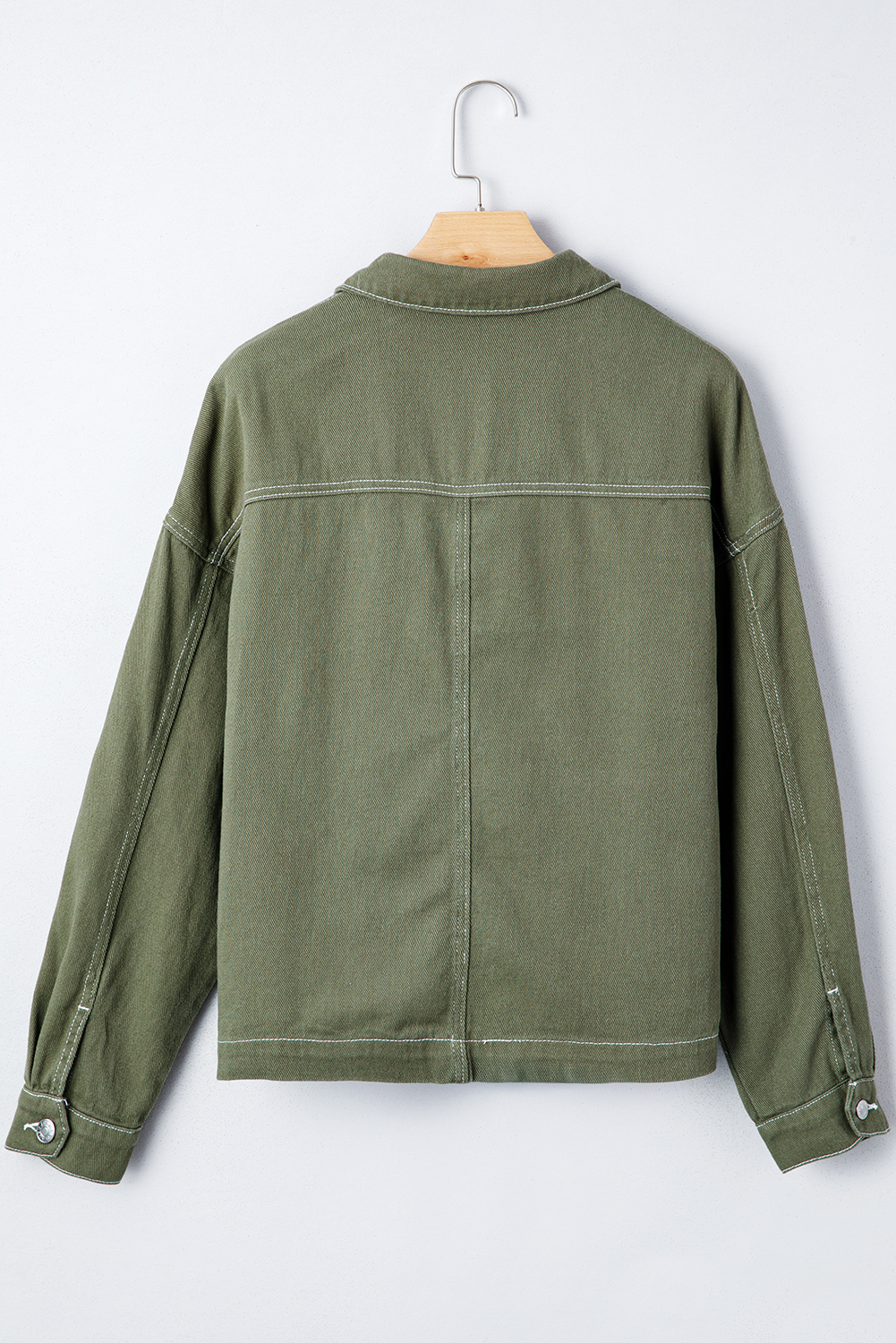 Smoke Green Patched Pocket Collared Button Front Boyfriend Denim Jacket