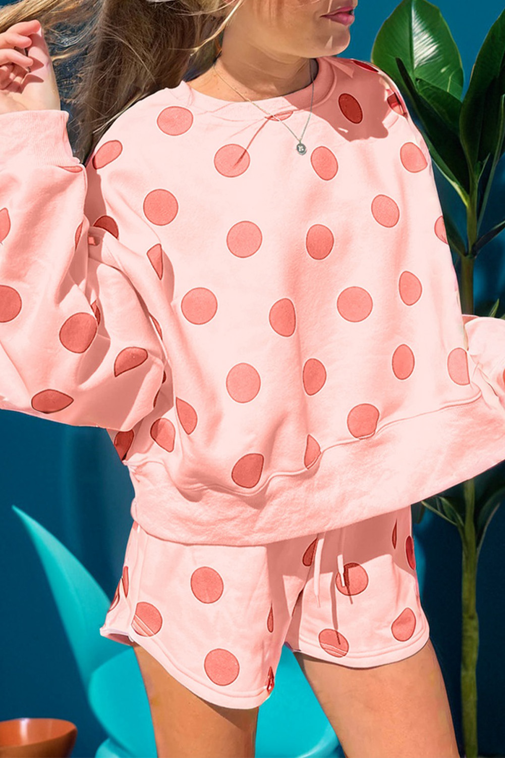 Beige Polka Dot Print Drop Shoulder Pullover Drawstring Jogger Pant Set
