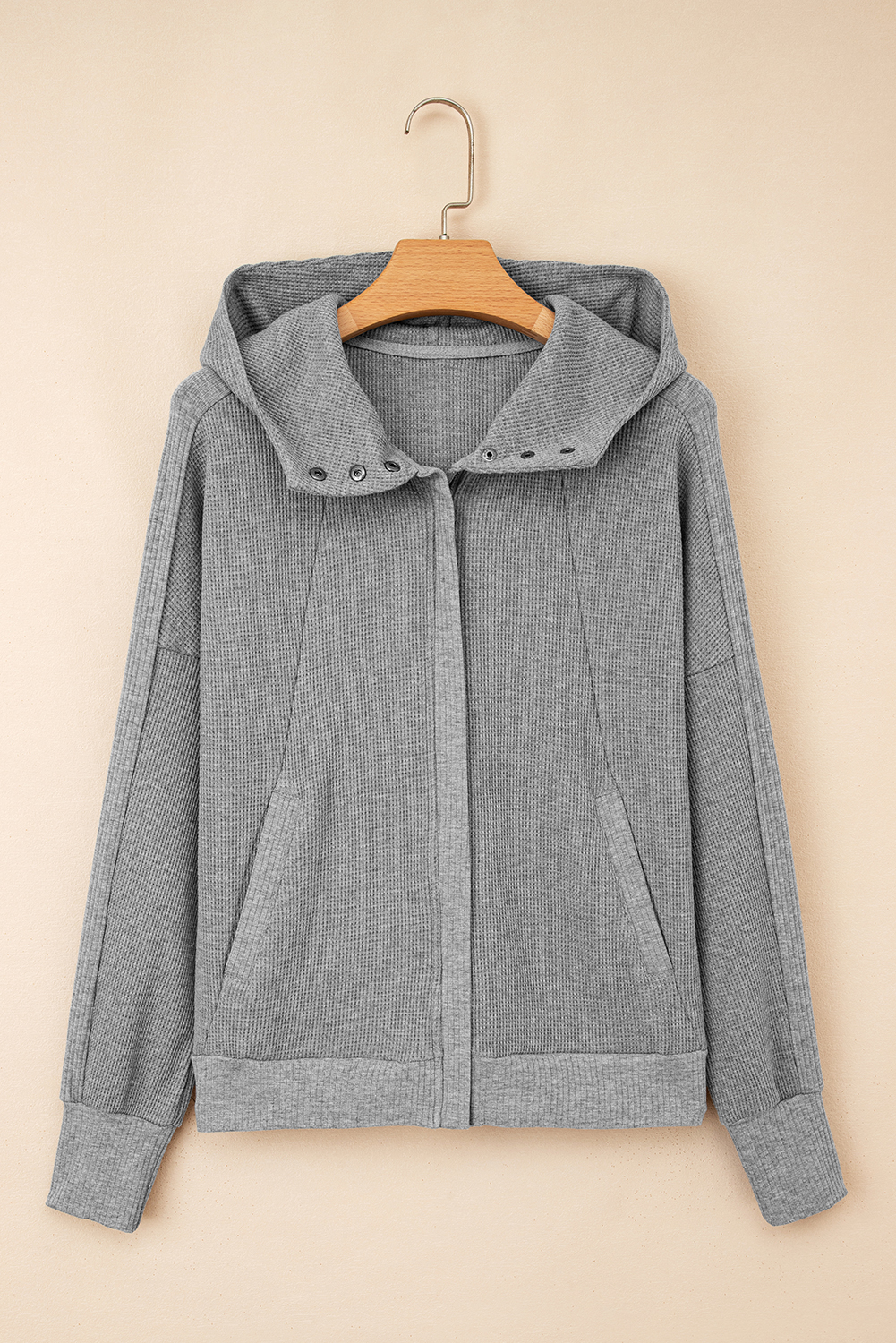 Burgundy Waffle Splicing Zip Up Front Button Hooded Jacket
