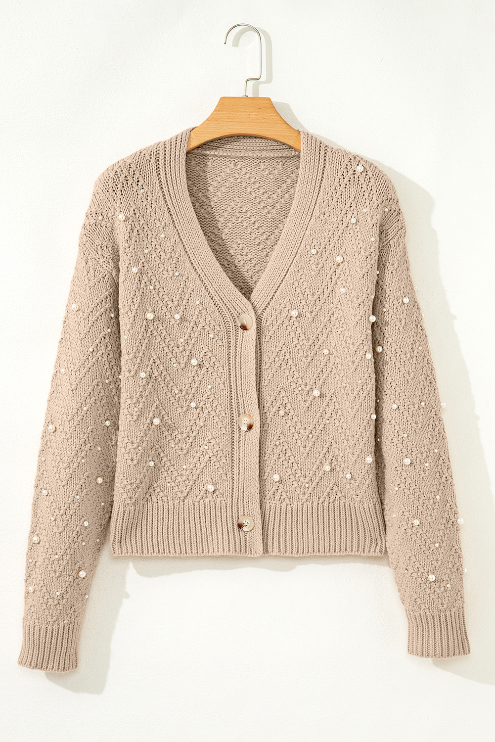 Smoke Gray Pearl Embellished Button Front V Neck Sweater Cardigan