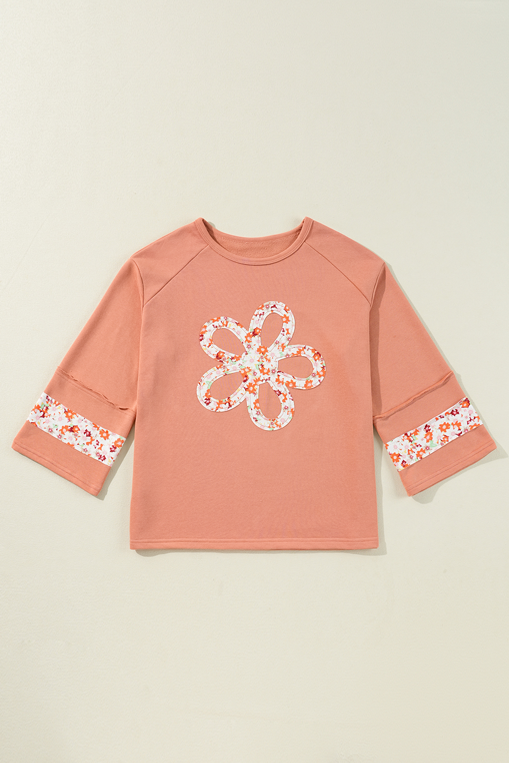 Beige Flower Patch Graphic Exposed Seam Wide Sleeve Top