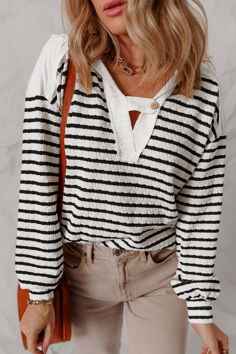 Khaki Stripe Textured Hooded V Neck Casual Long Sleeve Top