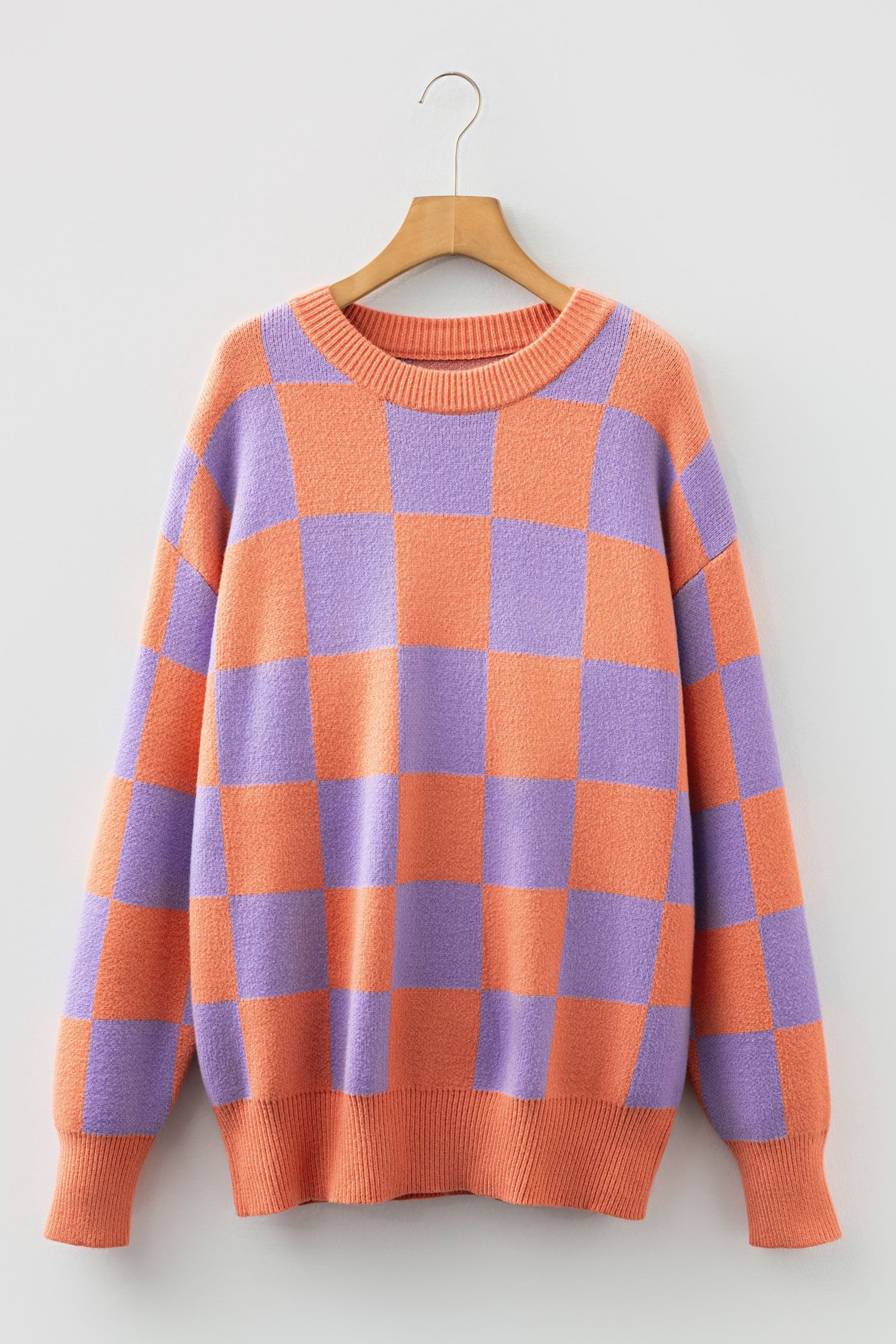 Parchment Checkered Pattern Ribbed Trim Knit Baggy Sweater