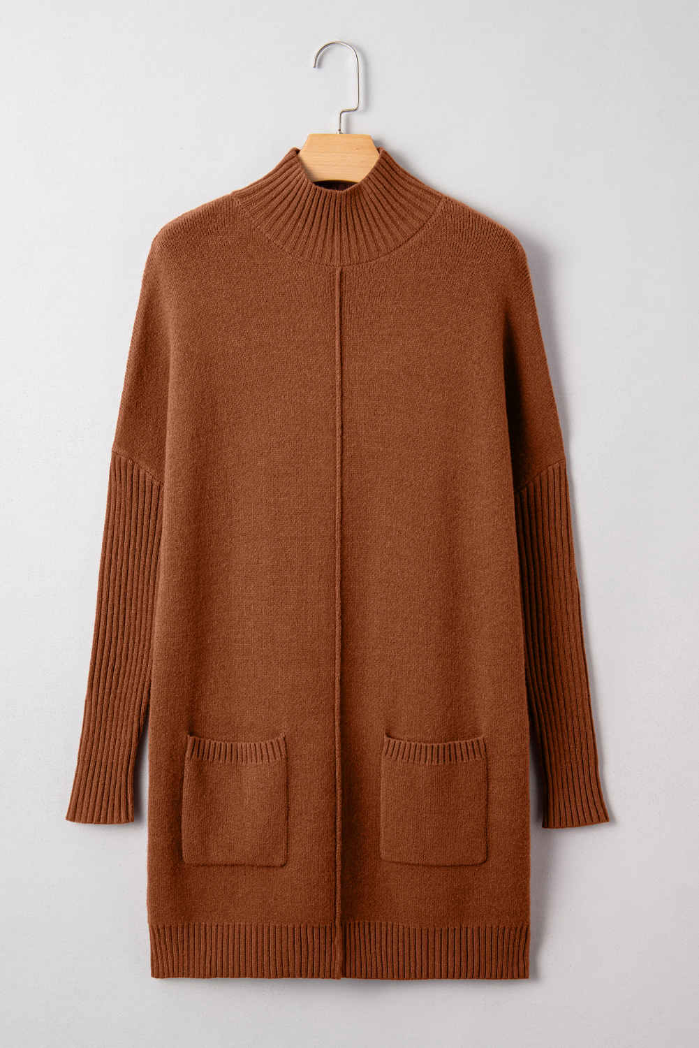Fiery Red Ribbed High Neck Front Pockets Center Seam Shift Sweater Dress