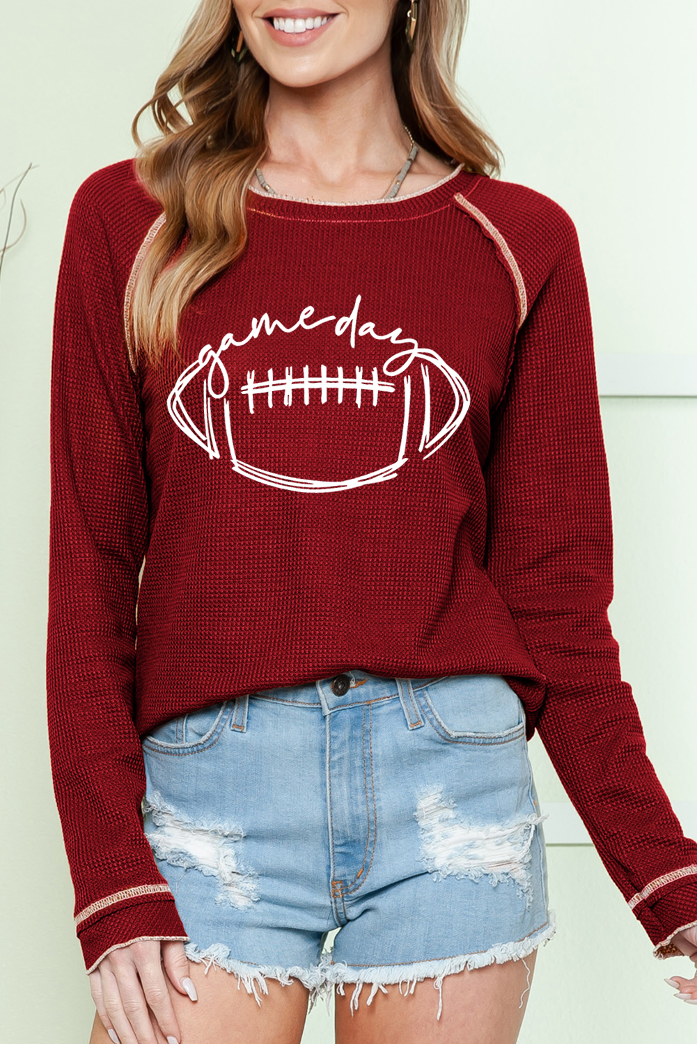 Smoke Gray Textured Round Neck Long Sleeve Top