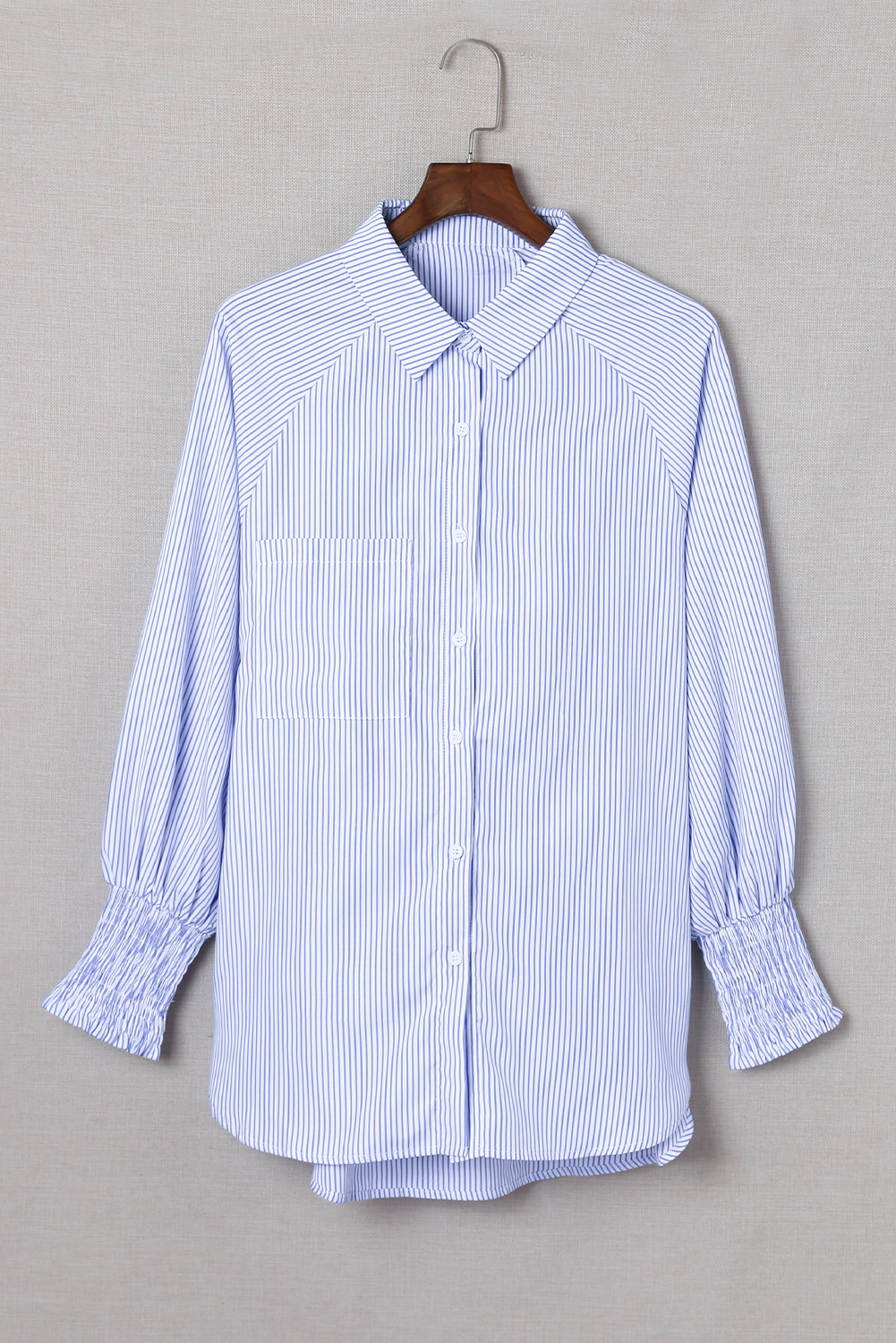Red Stripe Smocked Cuffed Striped Boyfriend Shirt with Pocket