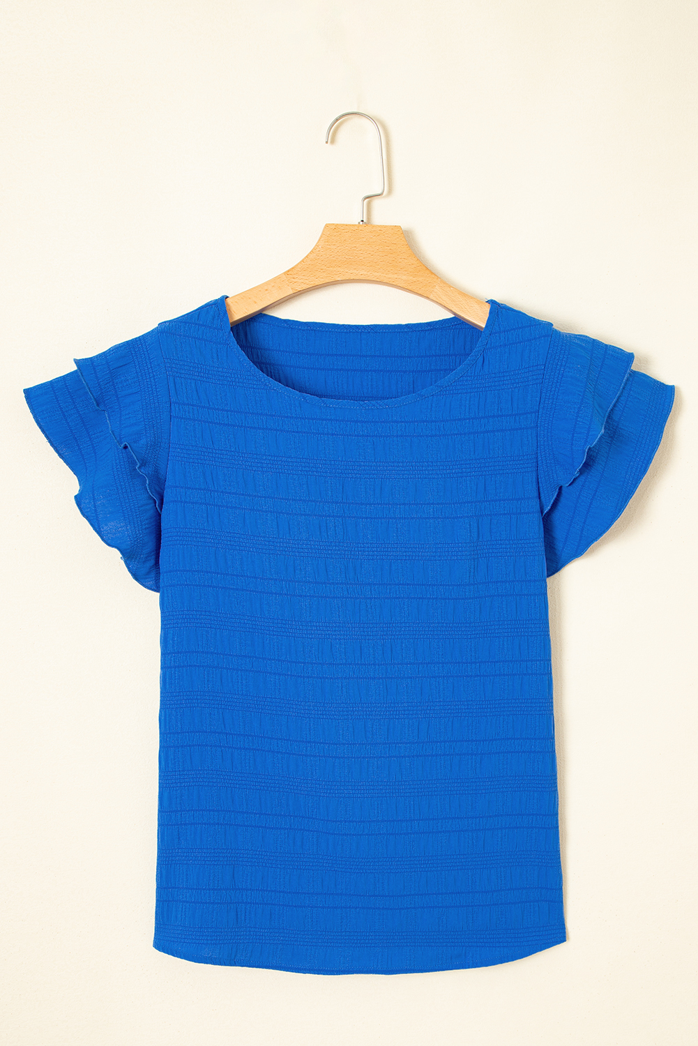 Dark Green Textured Ruffled Sleeve Round Neck Top