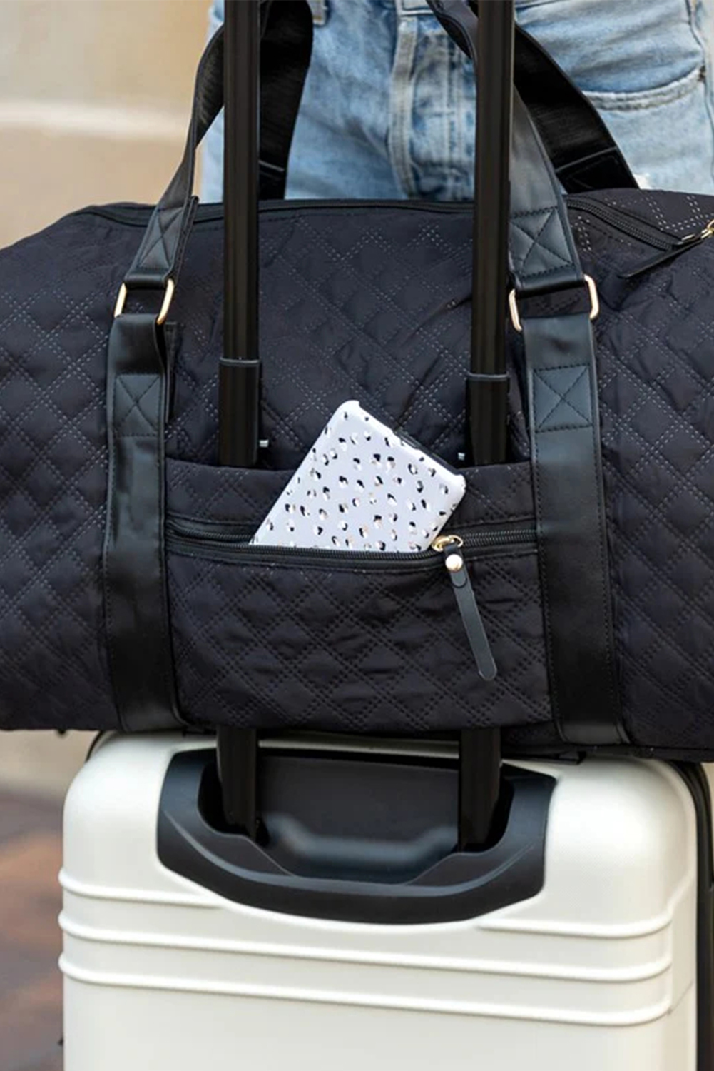 Black Rhombus Textured Waterproof Travel Duffel Bag