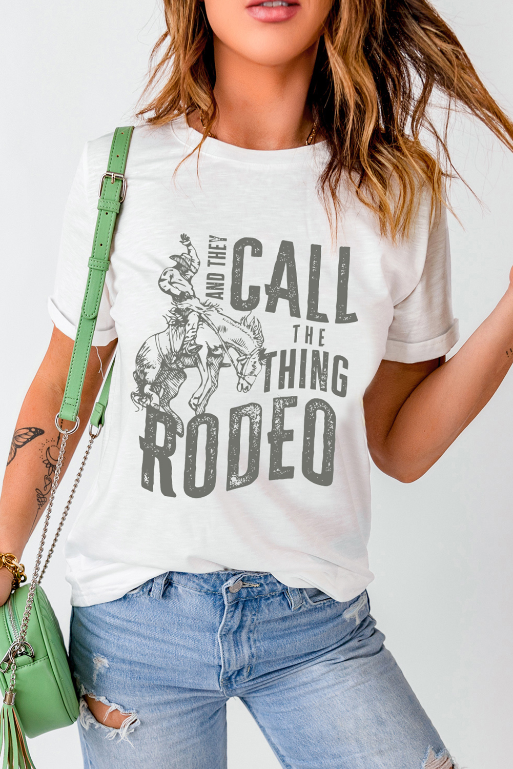 White AND THEY CALL THE THING RODEO Print Round Neck T Shirt