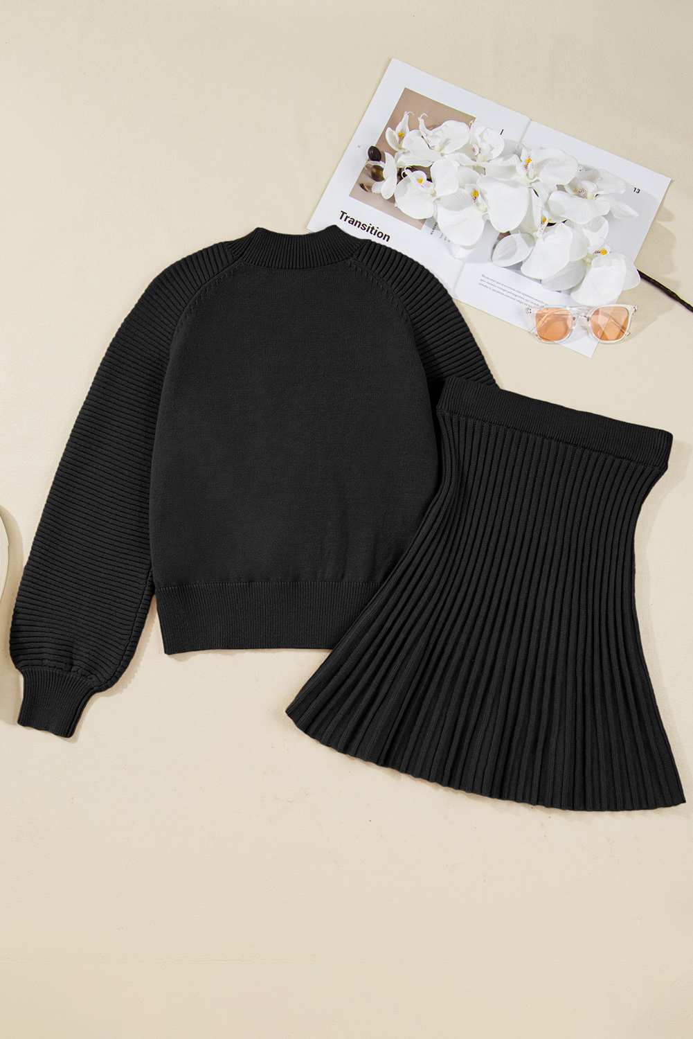 Smoke Gray High Neck Puff Sleeve Sweater Pleated Mini Skirt 2pcs Knitted Outfit