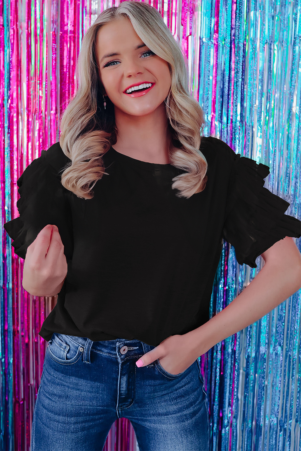 Dark Green Tulle Ruffle Sleeve Blouse