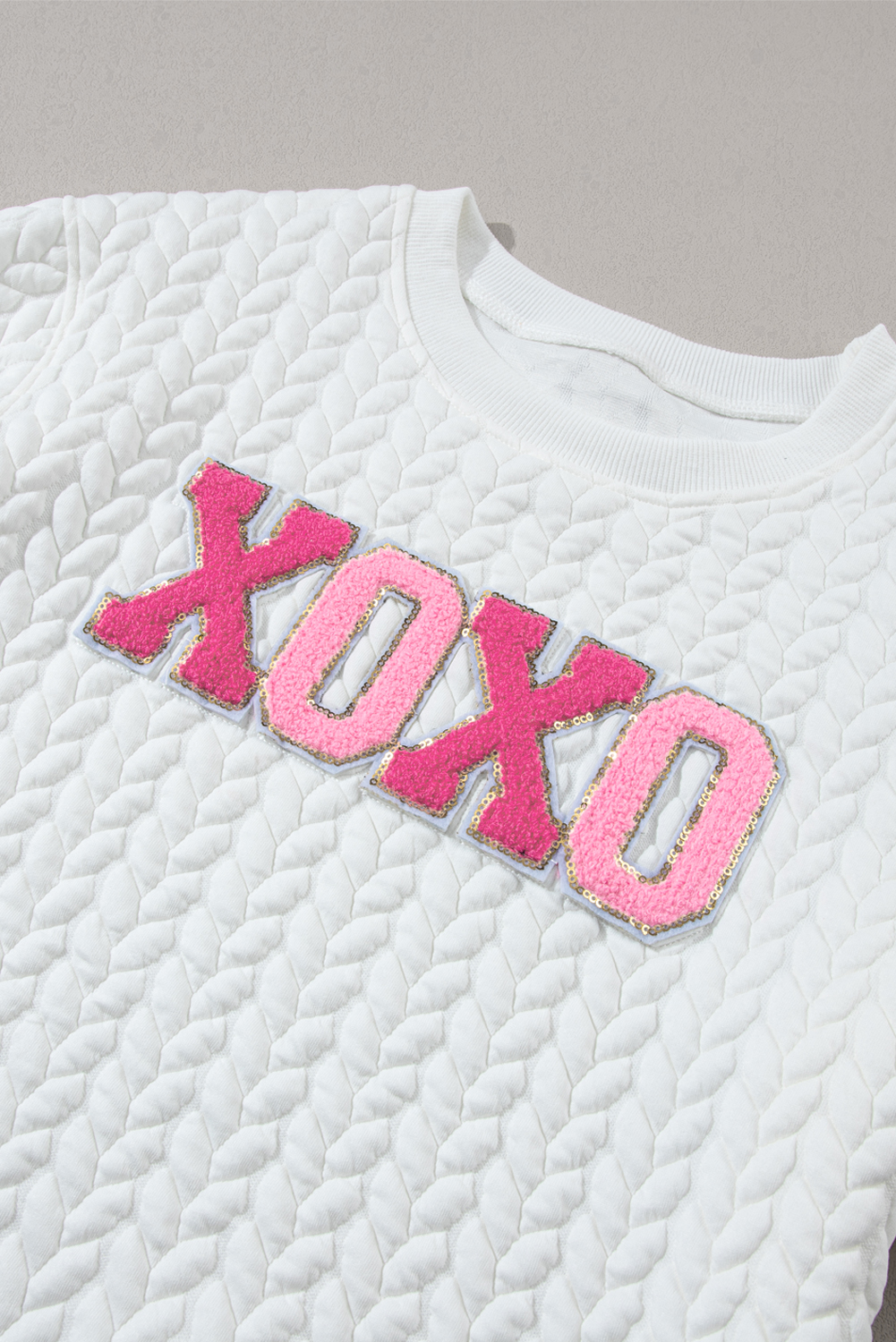White LOVE Chenille Embroidered Cable Knit Pullover Sweatshirt