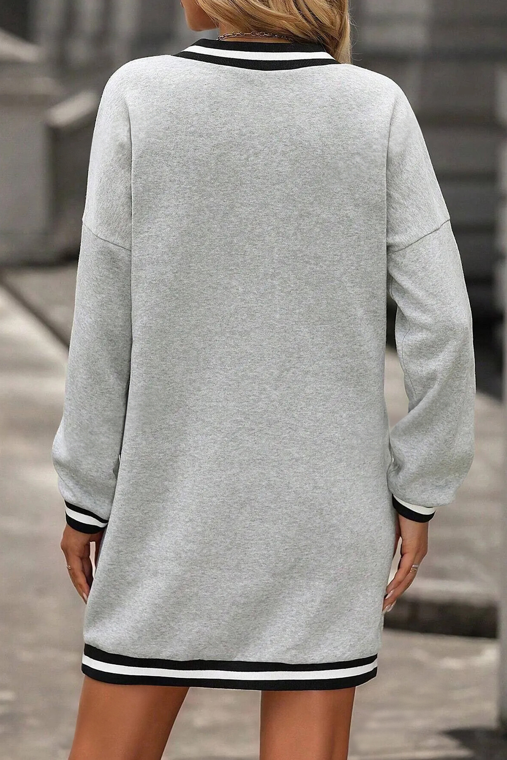 Light Grey Striped Trim V Neck Long Sleeve Preppy T Shirt Dress