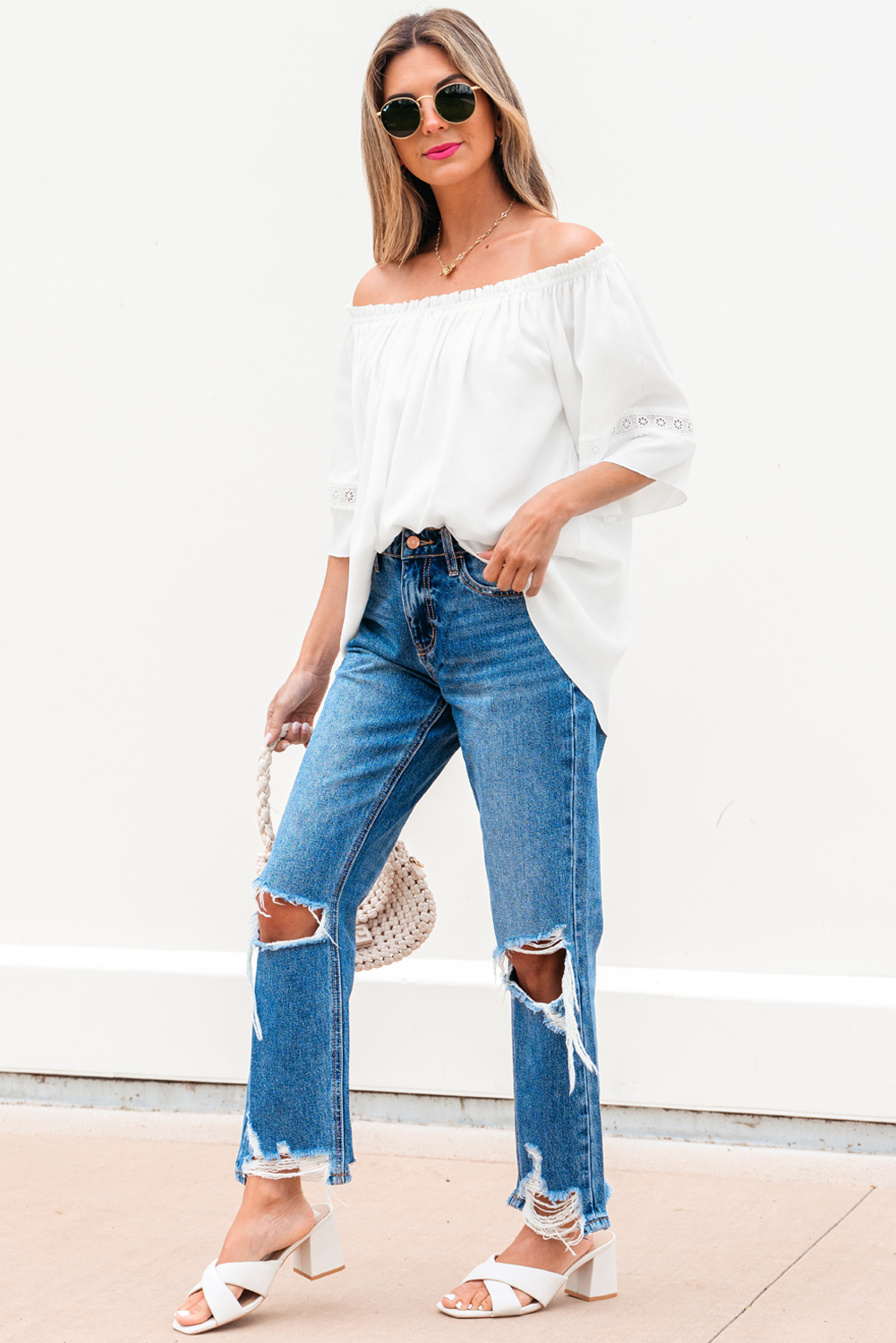 White Frilly Off Shoulder Lace Insert Sleeve Textured Blouse