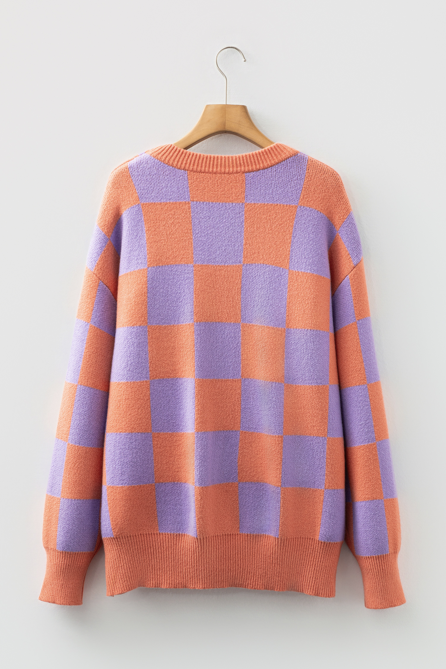Parchment Checkered Pattern Ribbed Trim Knit Baggy Sweater