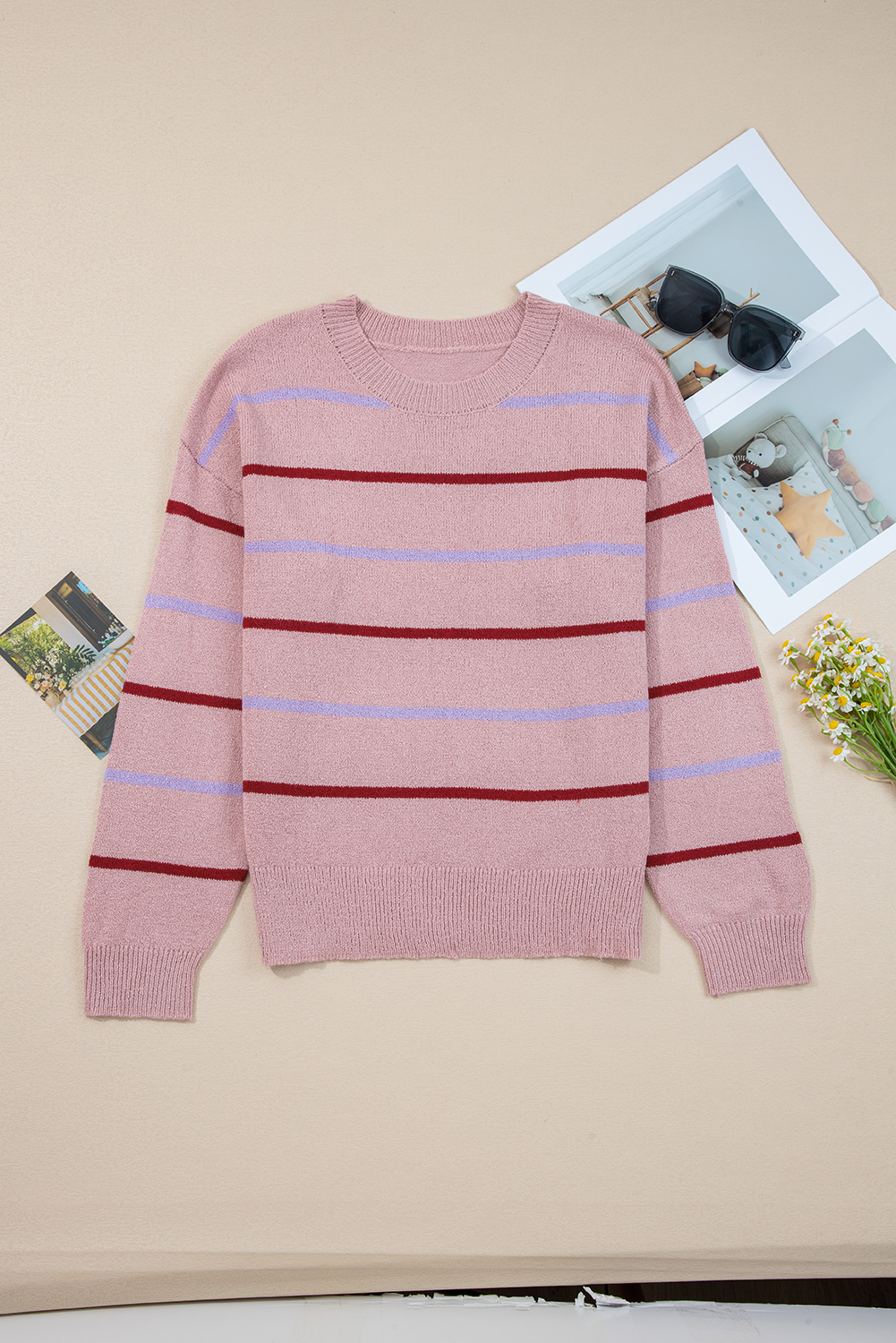 Multicolour Striped Buttoned Front V Neck Drop Shoulder Cardigan Sweater
