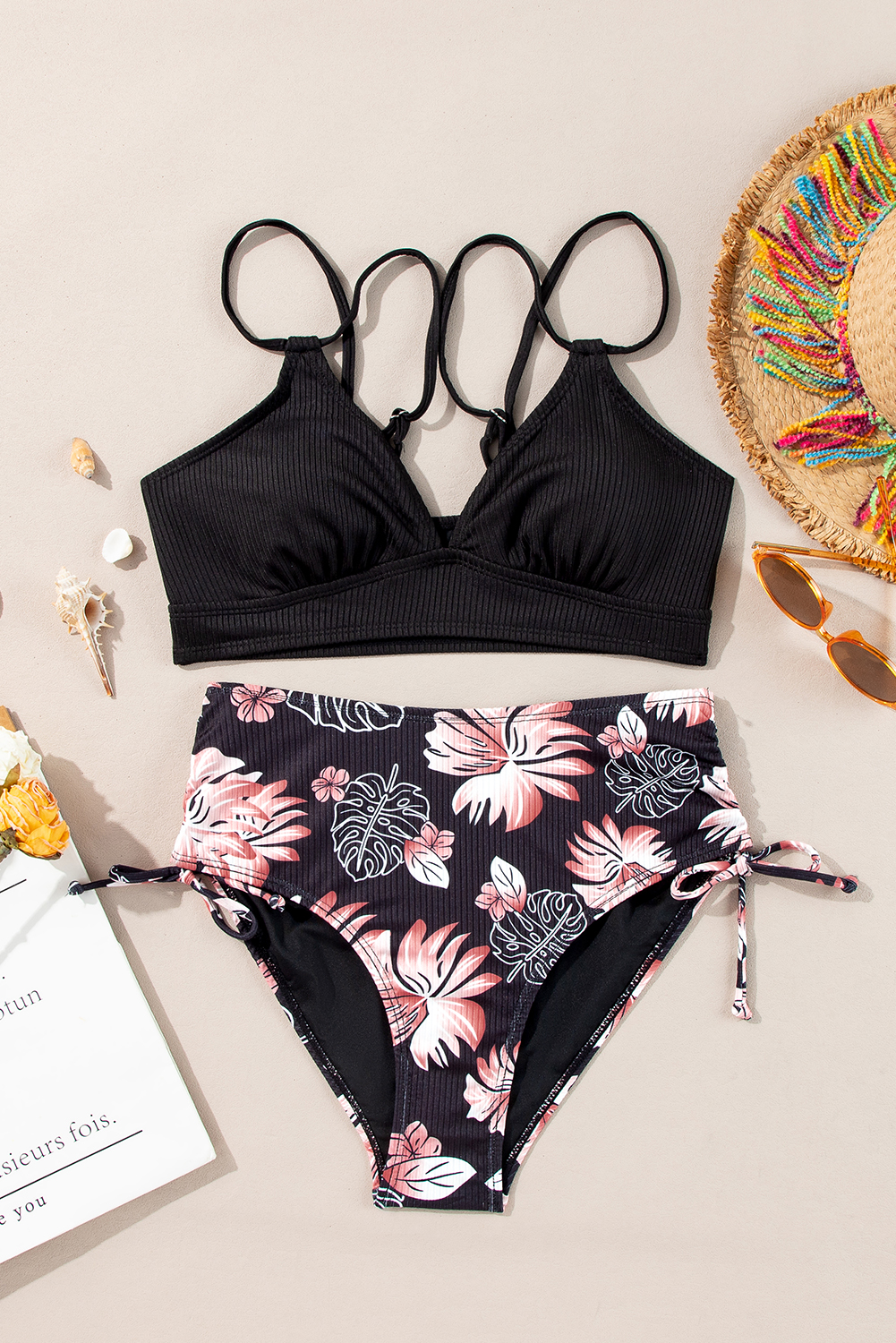 Black Ribbed Knit High Waist 2pcs Bikini Swimsuit