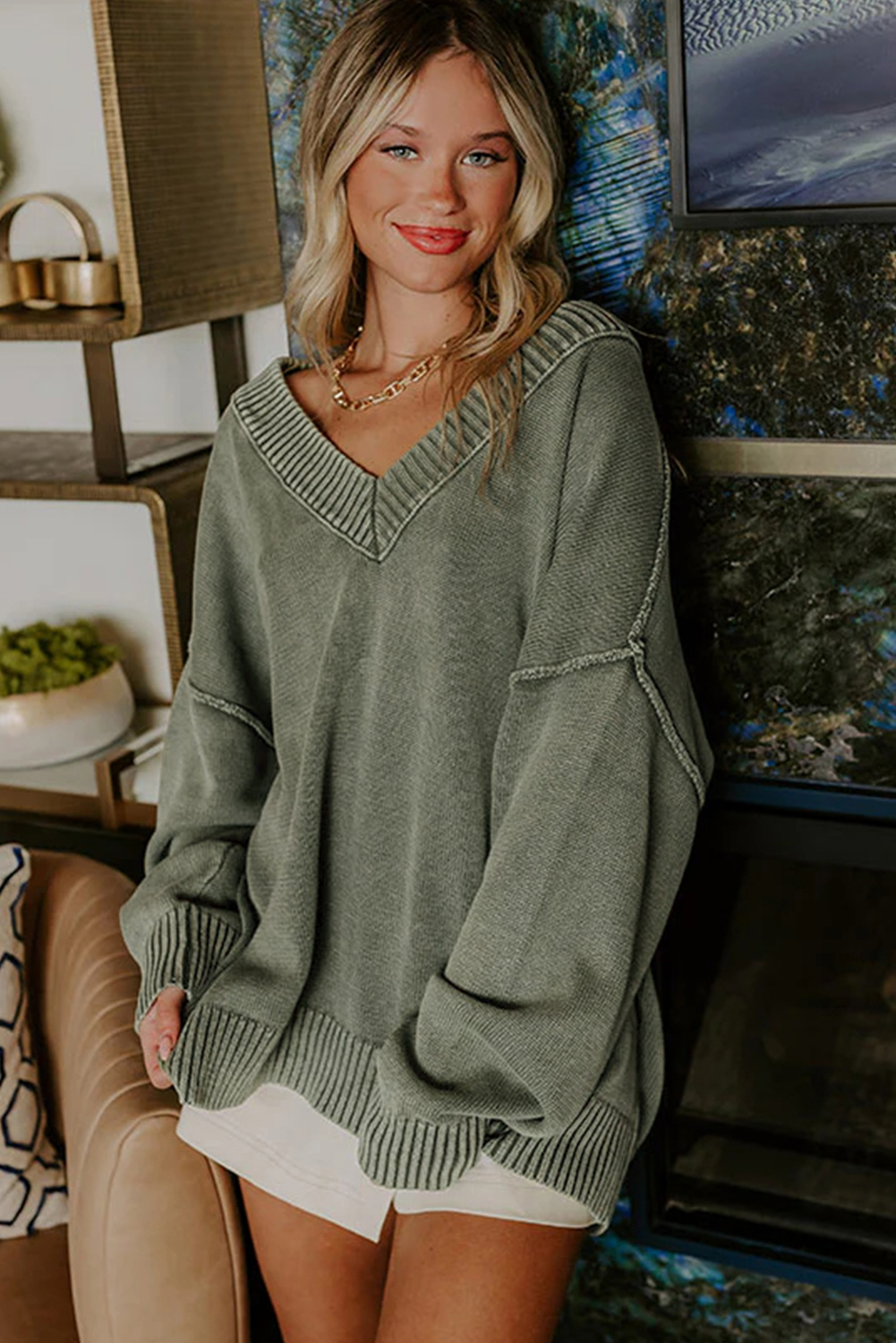 Four Leaf Clover Mineral Wash V Neck Knit Exposed Seam Drop Shoulder Loose Sweater